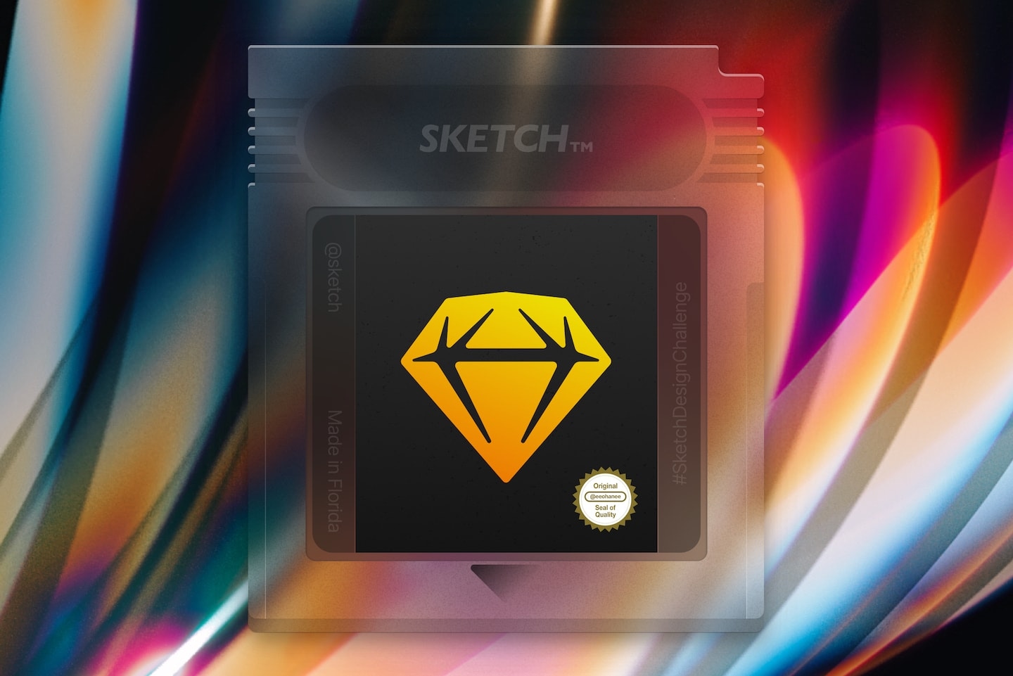 A realistic illustration of a translucent retro Gameboy cartridge, with the game cover and top panel replaced by Sketch branding.