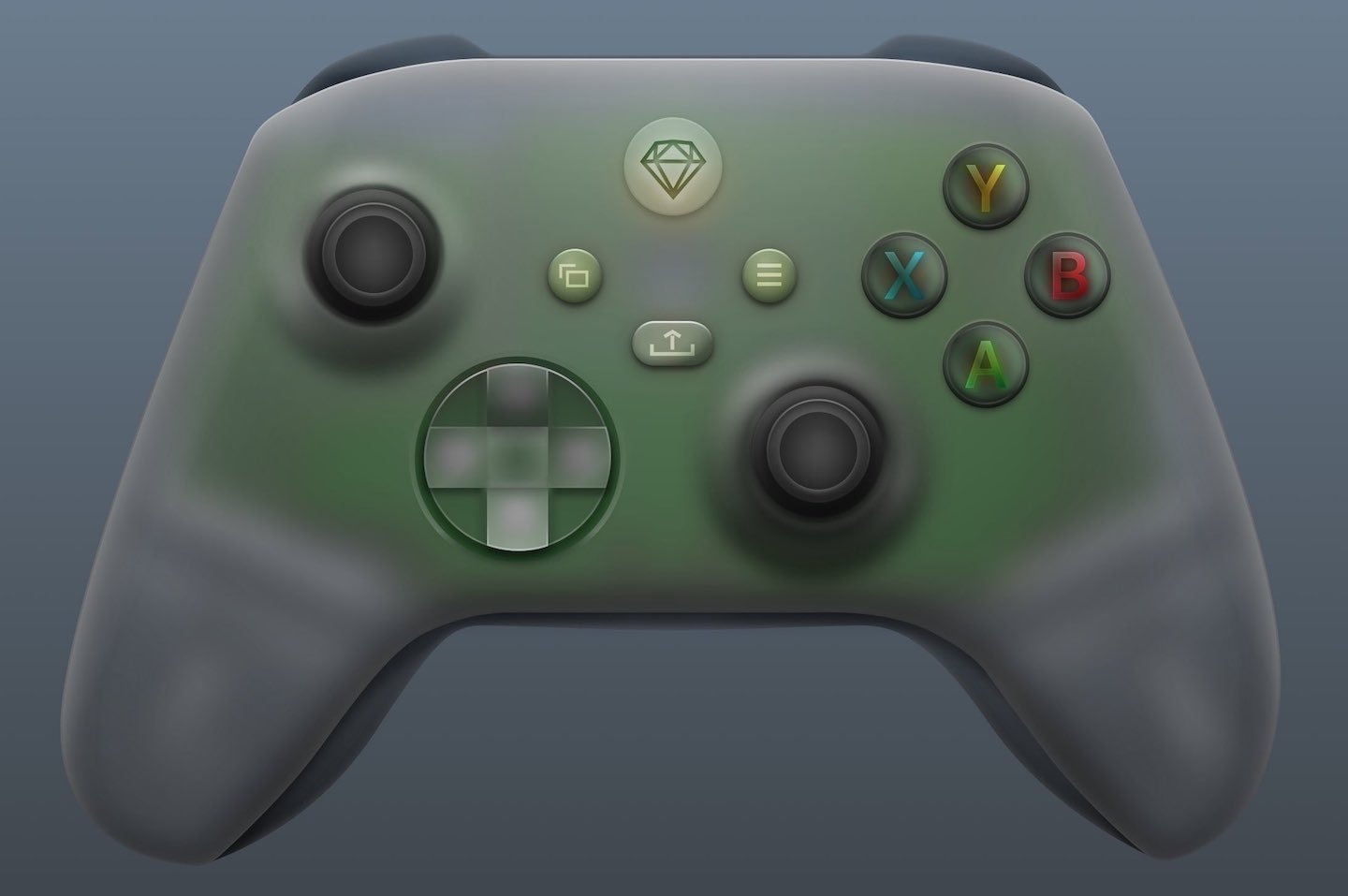 A realistic illustration of a translucent video game controller, very similar to a modern Xbox controller.