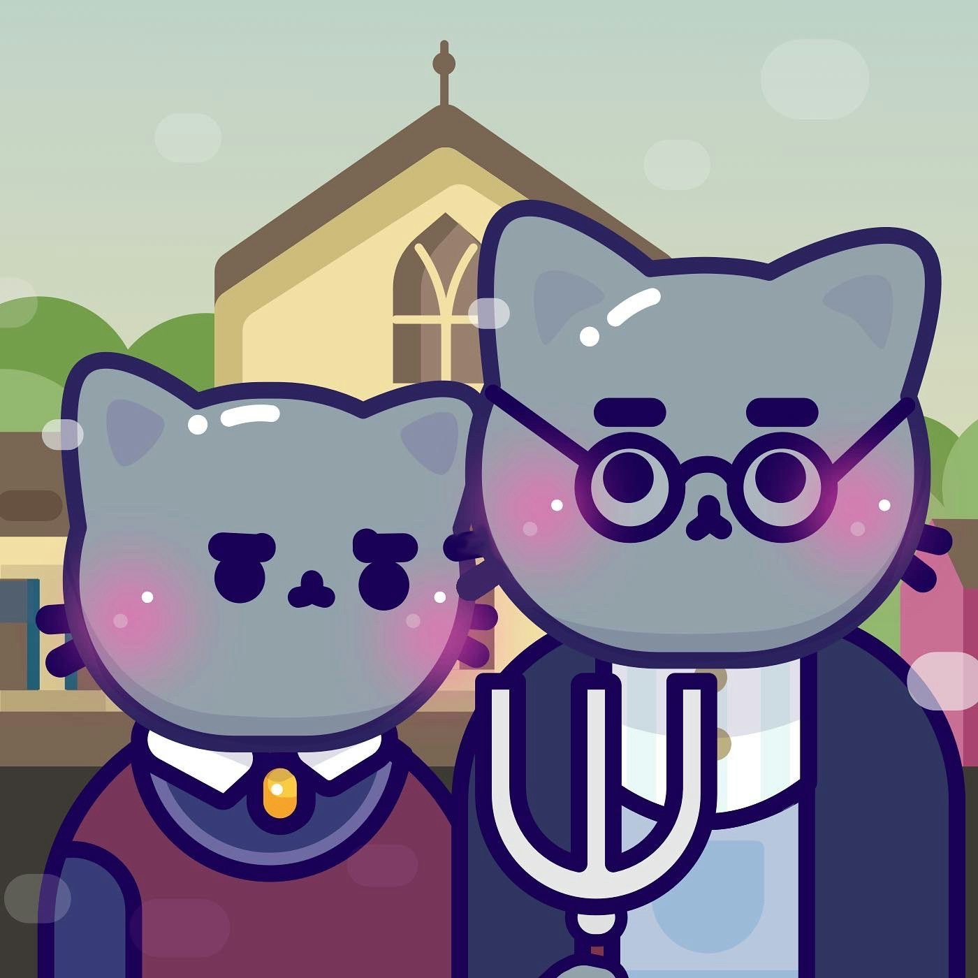 A kawaii illustration that recreates the painting American Gothic, but replaces the two subjects with cute cats.