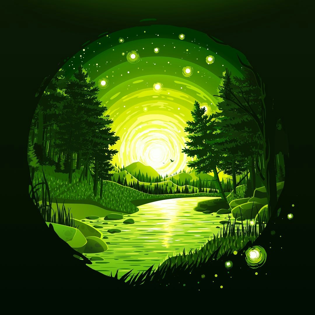 A stylized illustration of a green, moonlit scene. The moon shines from the centre of the frame, reflecting off a river that disappears into the distance, flanked on either side by fir trees. A bird flies in front of the moon.