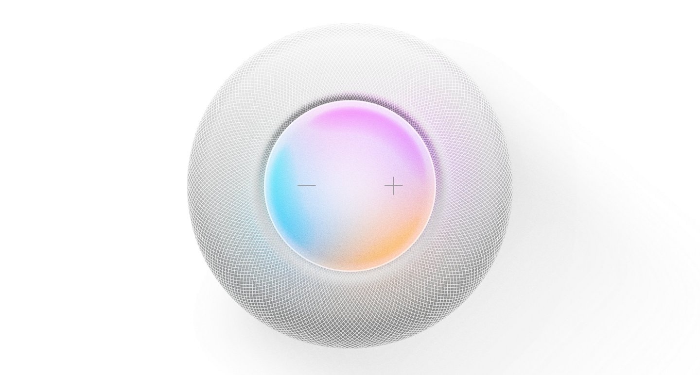 A realistic illustration of a white HomePod mini from a top-down angle.