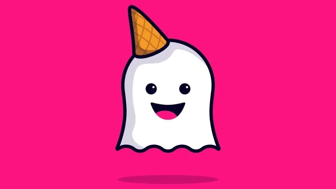 A cute illustration of a smiling ghost with an ice cream cone on its head.