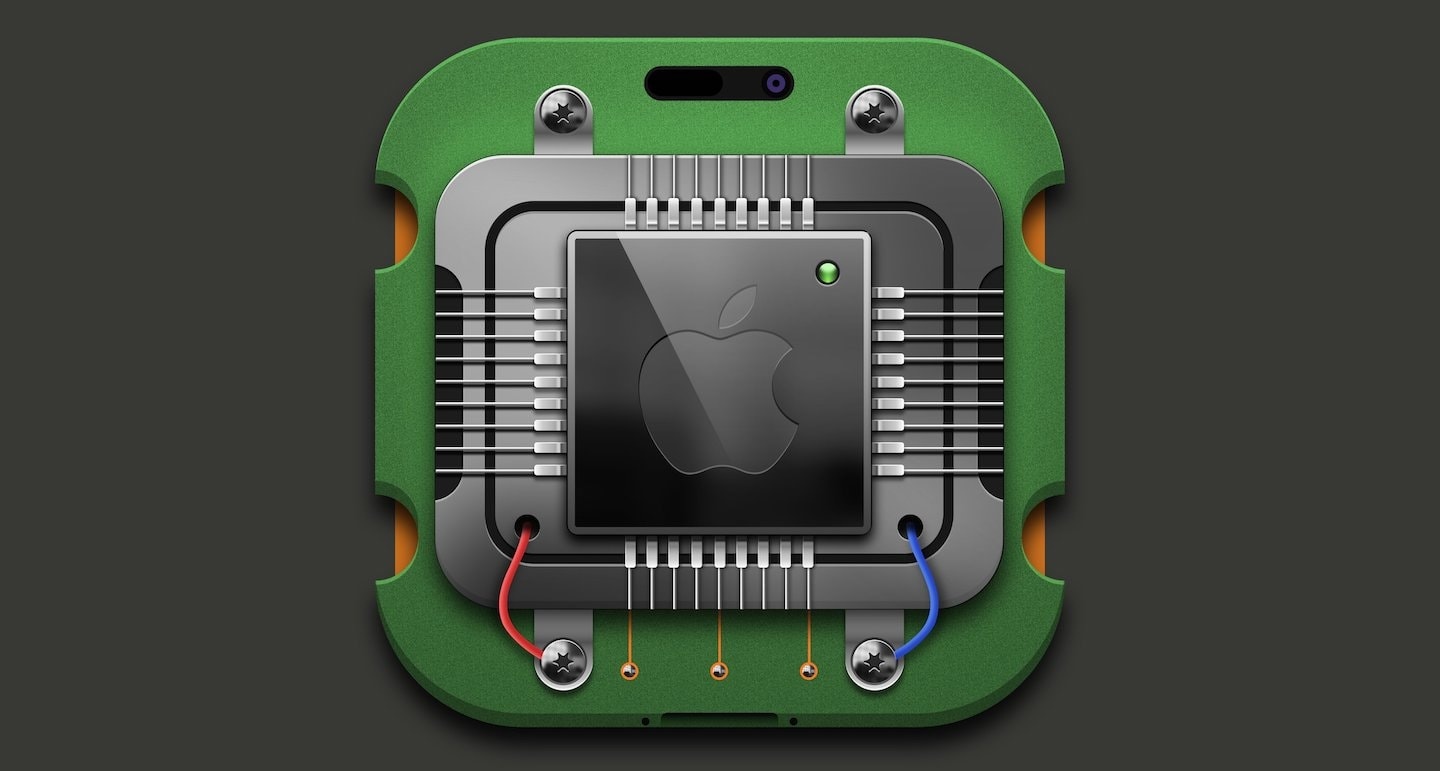 An icon design showing a realistic chip on a circuit board.