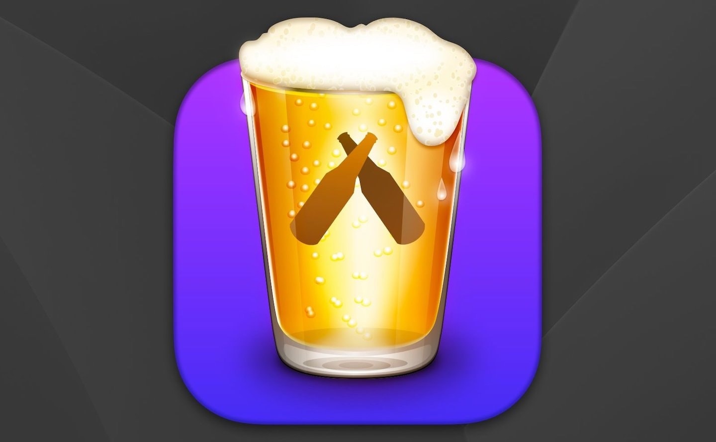 An icon design showing a realistic pint glass full of beer on a purple background.