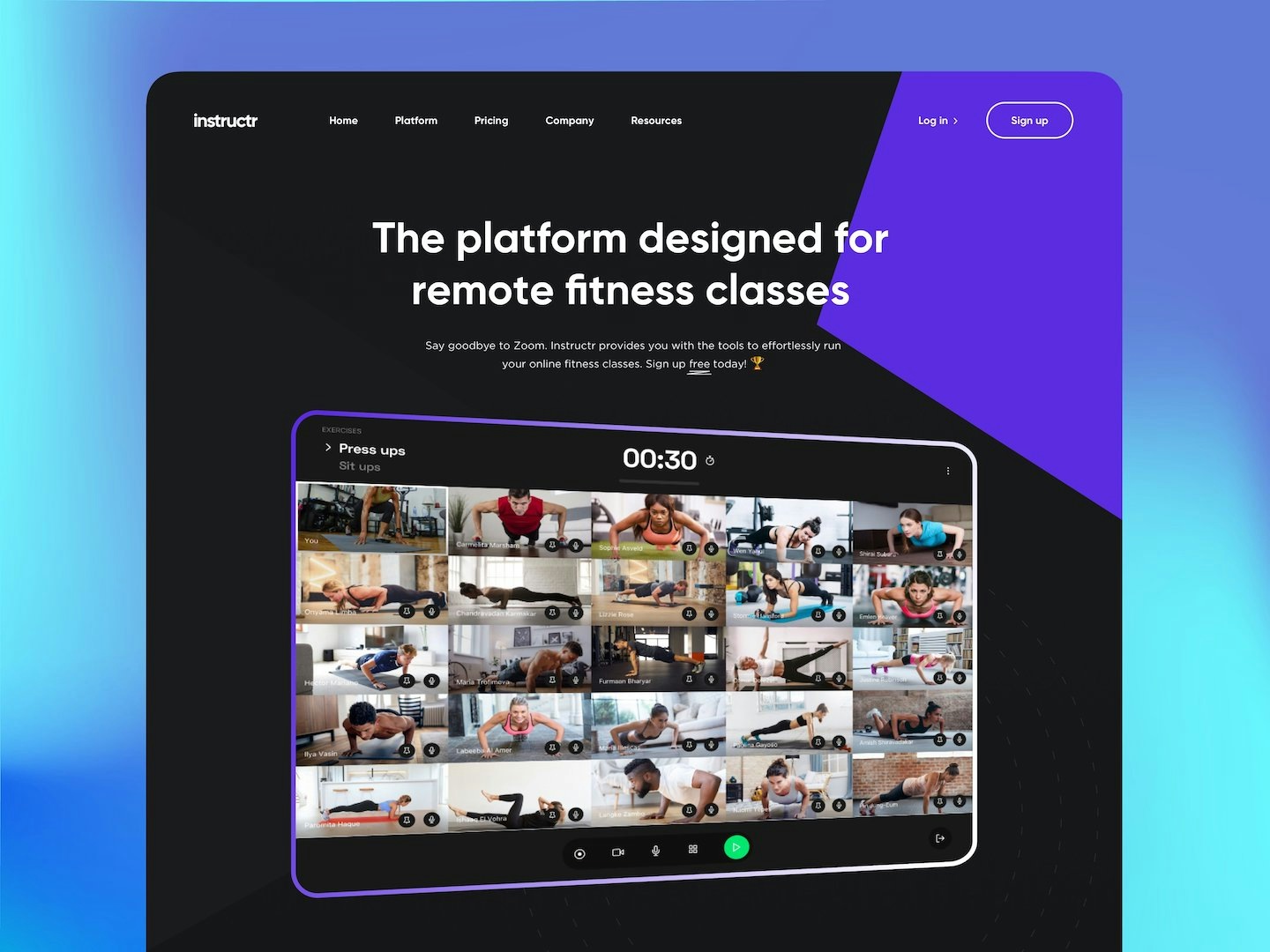 A landing page design for a remote fitness class platform.