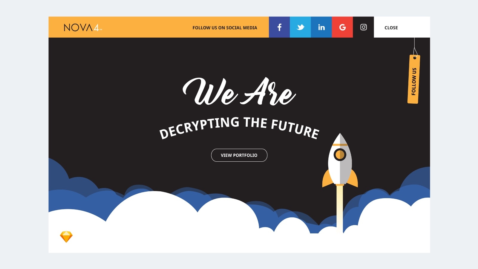 A landing page design featuring a rocket launching from some clouds.