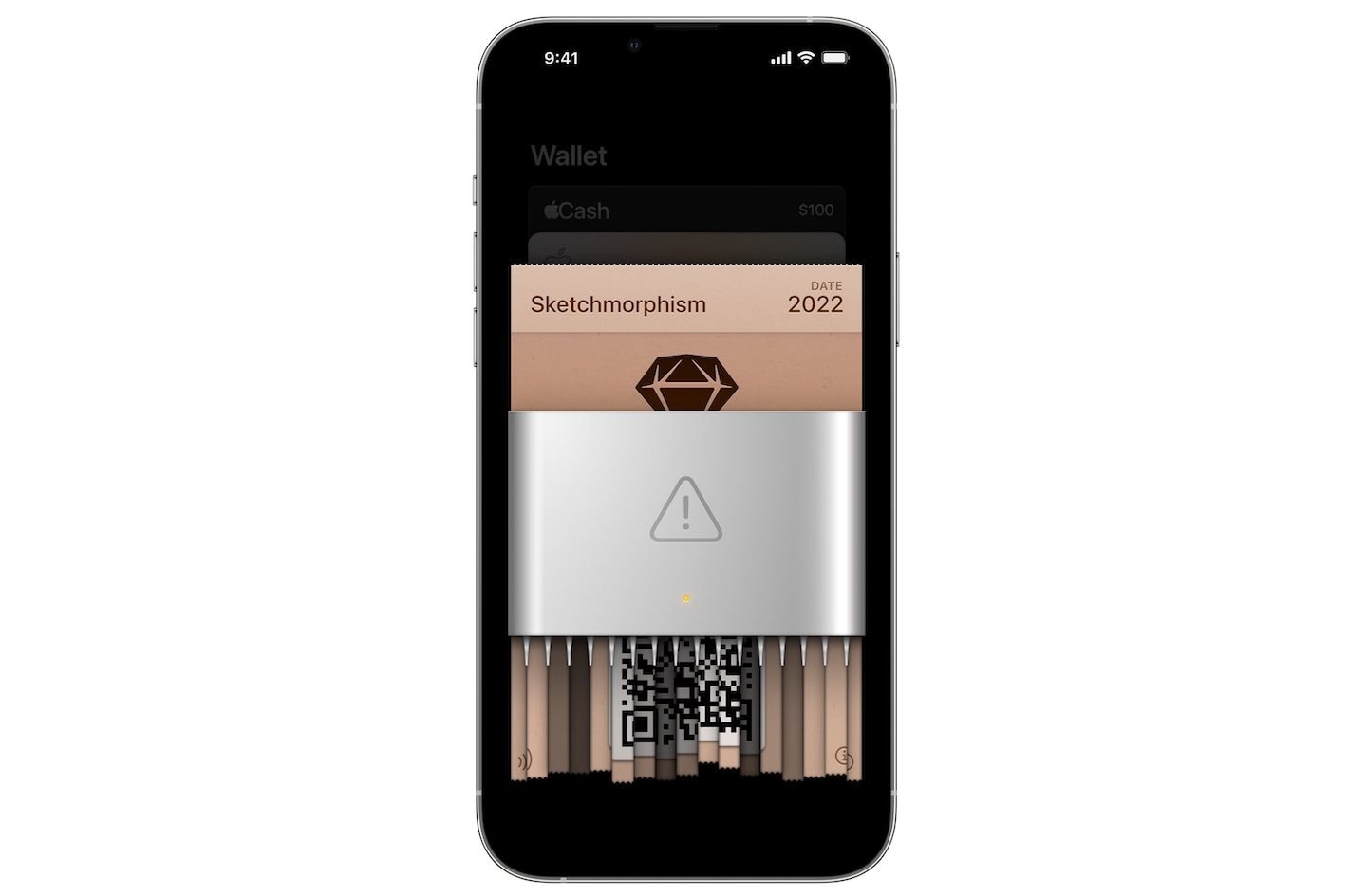 A UI design element that mimics a real-world shredder. The shredder appears on an iPhone, shredding an Apple Wallet pass.