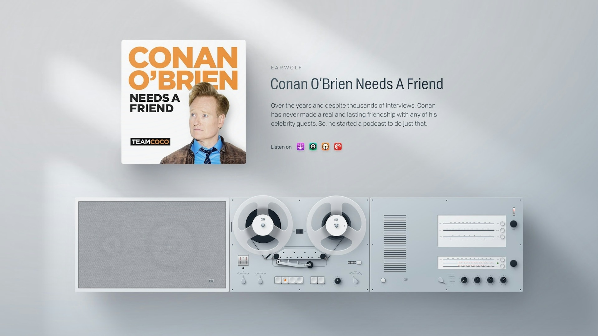 A realistic illustration of a retro tape player with a large speaker on the left, tape spools in the middle, and controls on the right. Above is a podcast cover image and a description.