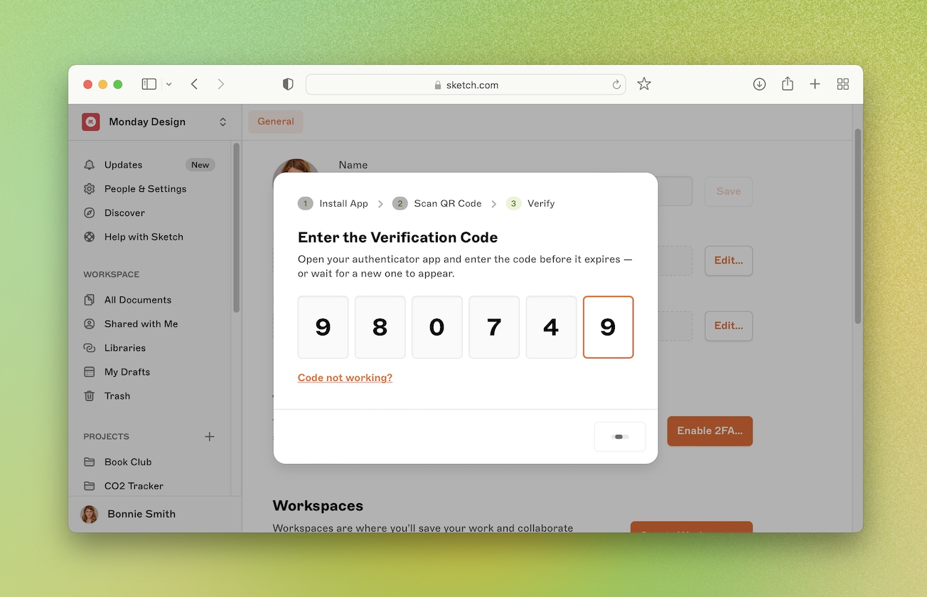 screenshot showing how to enable two-factor authentication in Sketch