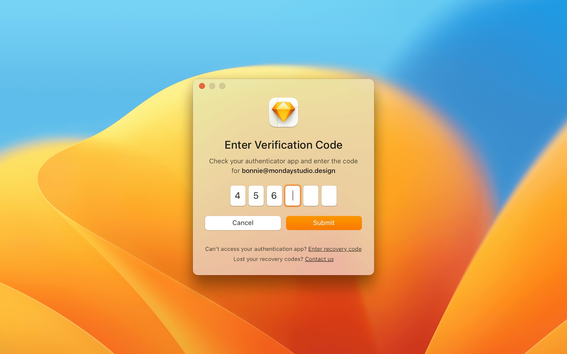 An image showing the 2FA verification code window when signing in to the Mac app.