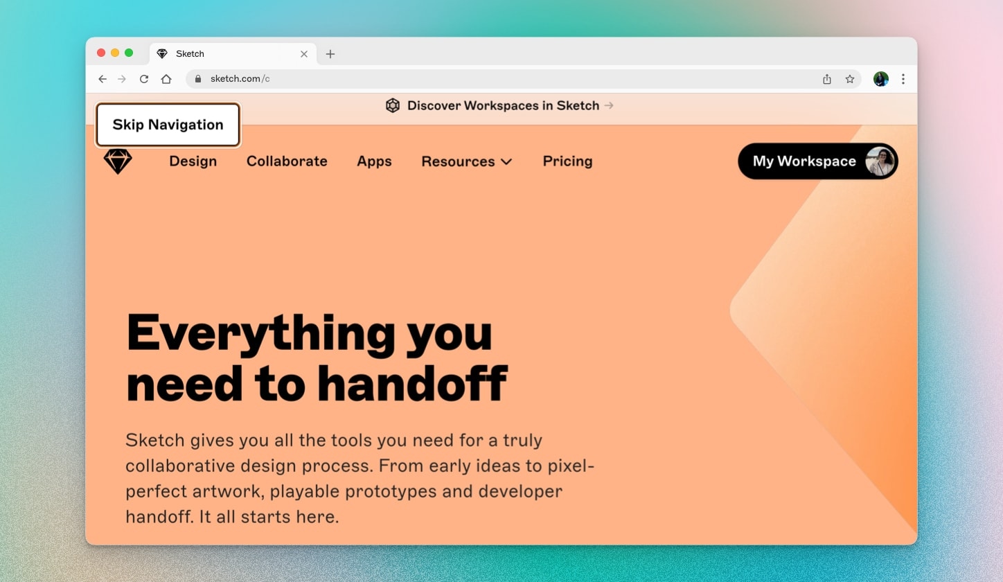 Image of Sketch homepage with a Skip Navigation button for accessibility