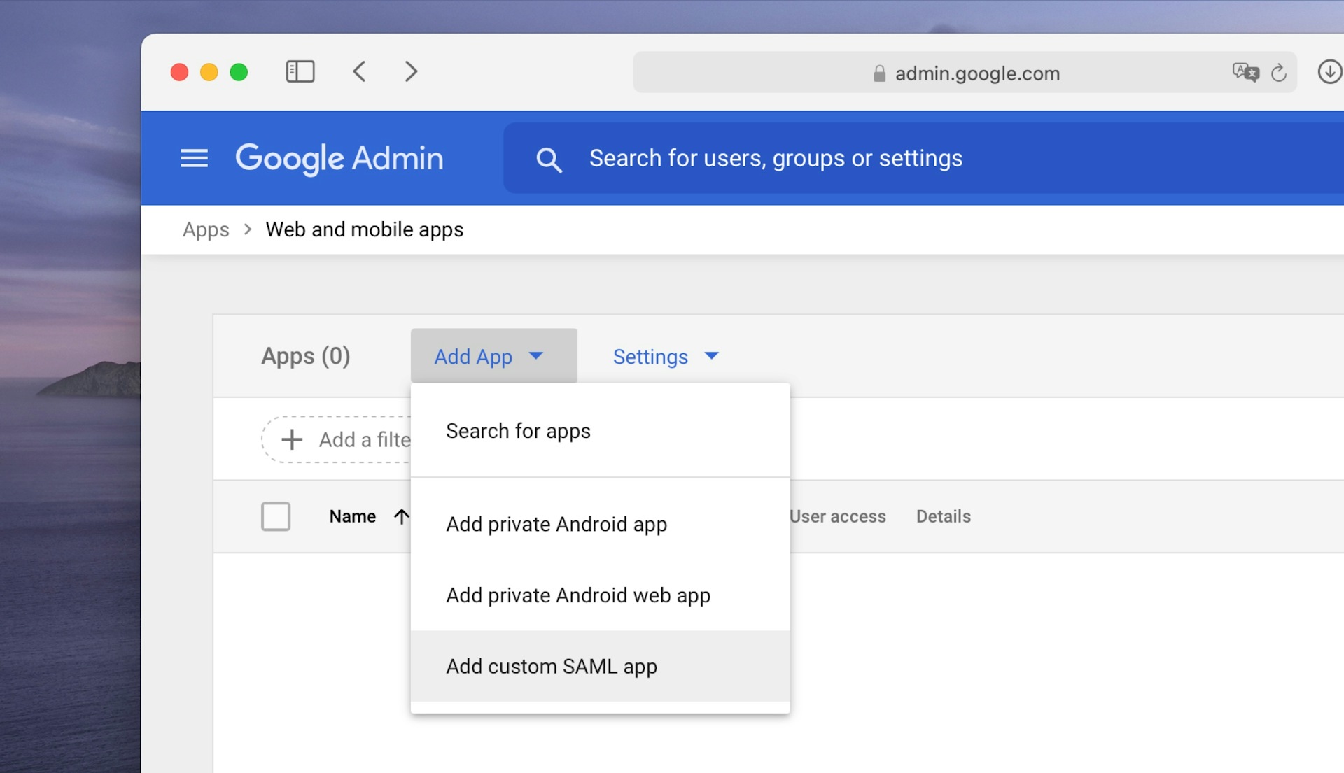 An image showing how to add a new SAML application in Google Suite