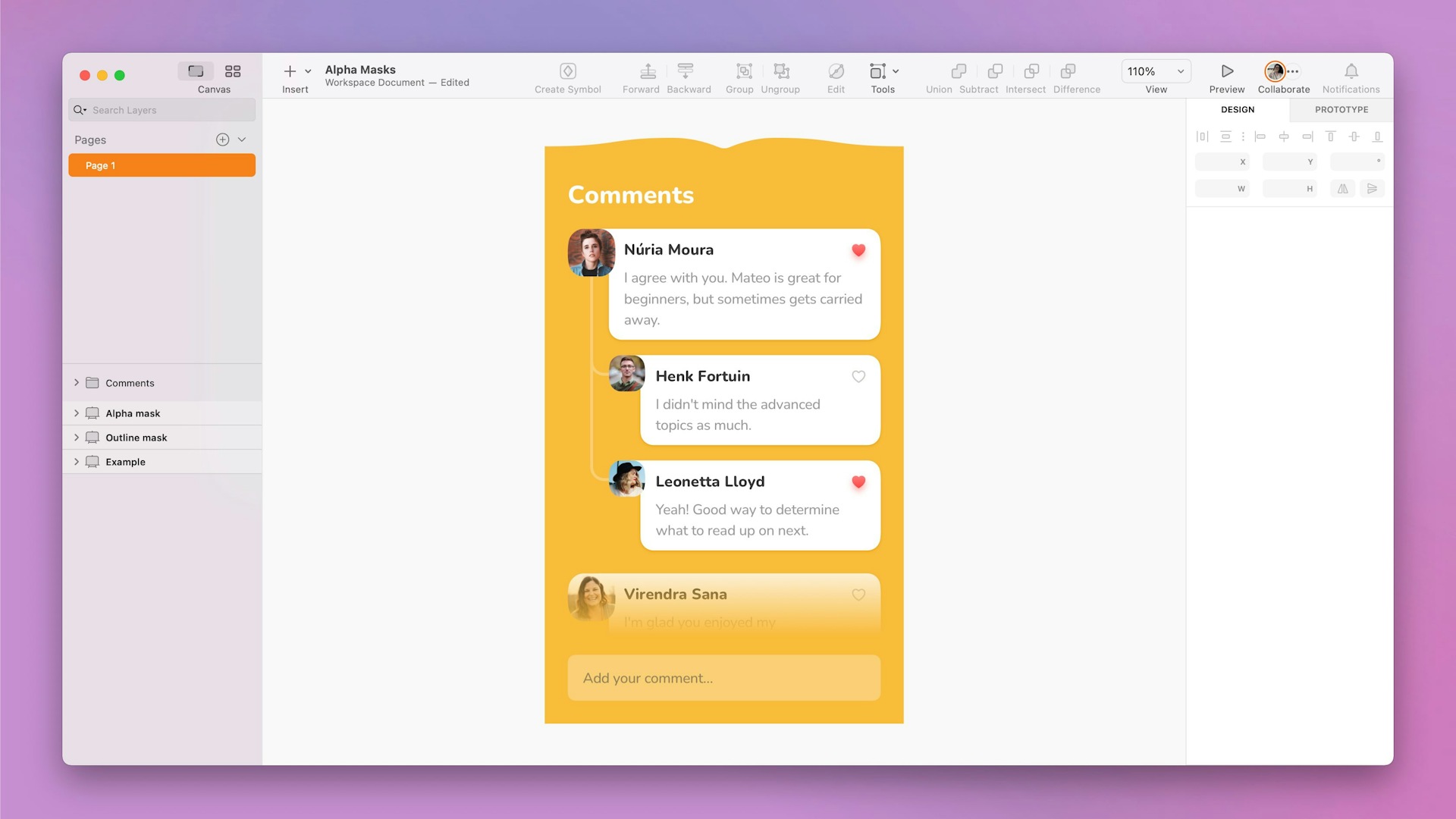 Screenshot of comments thread using alpha masks in Sketch