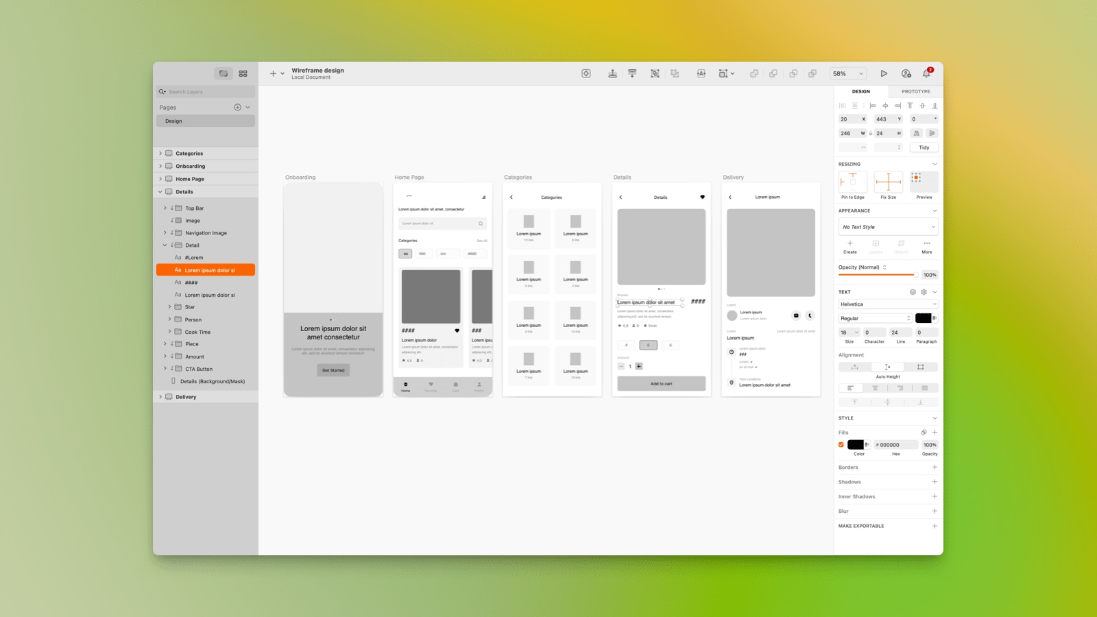 Screenshot of wireframes made in Sketch