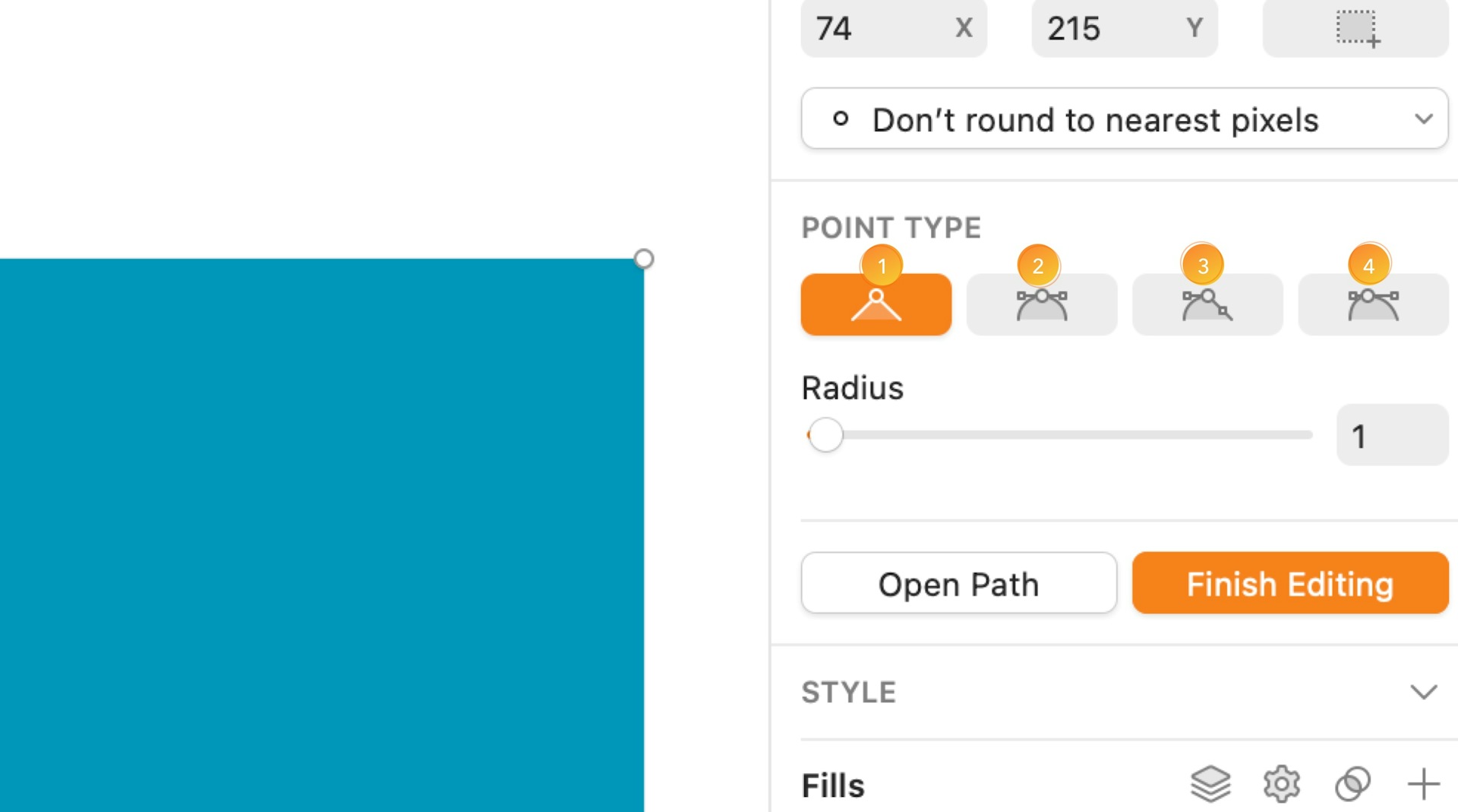 An annotated image showing the four different point types you can use in vector editing mode