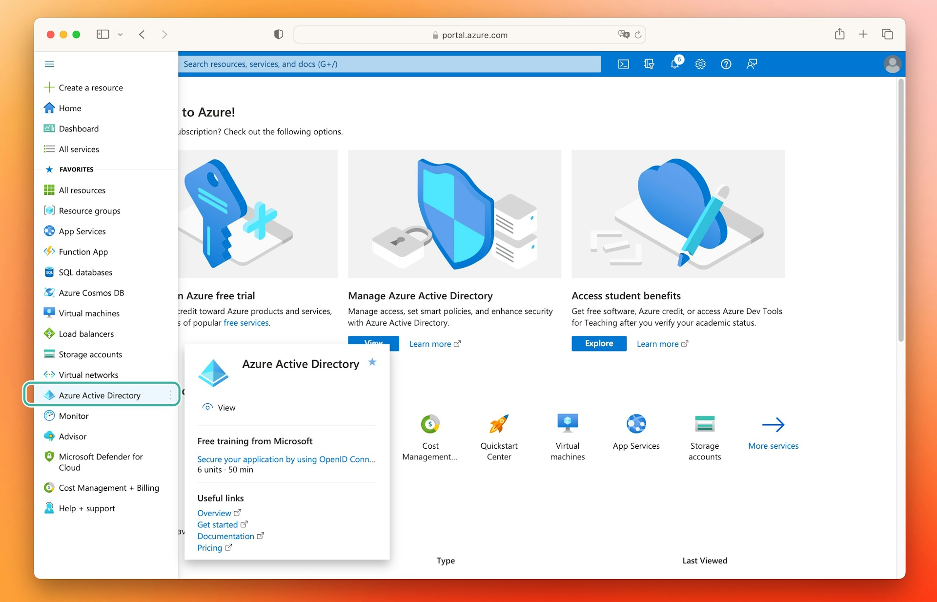 An image showing where the link to the Azure Active Directory is in the Azure sidebar