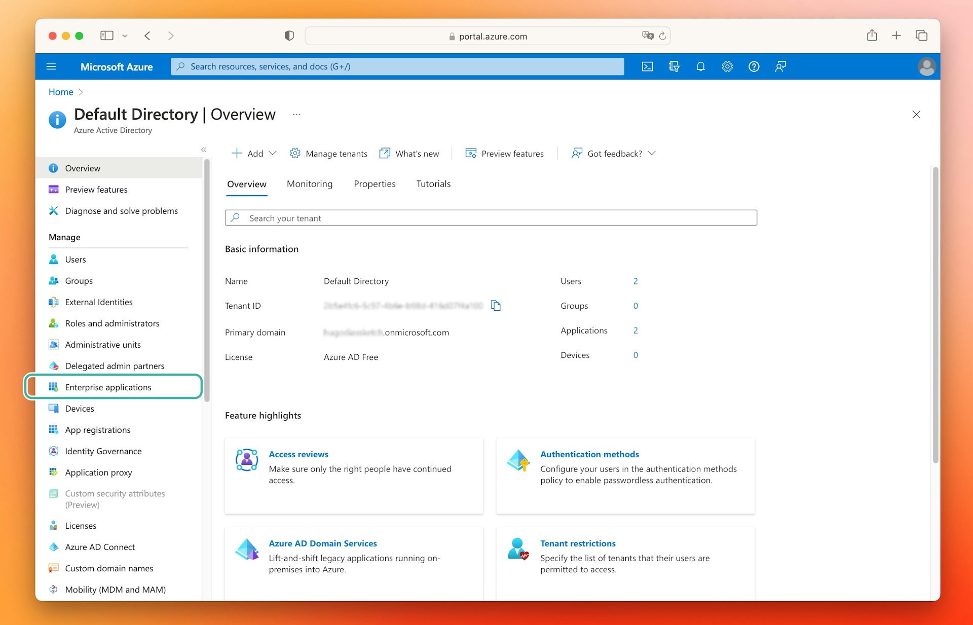 An image showing where the Enterprise application tab is in the Azure sidebar