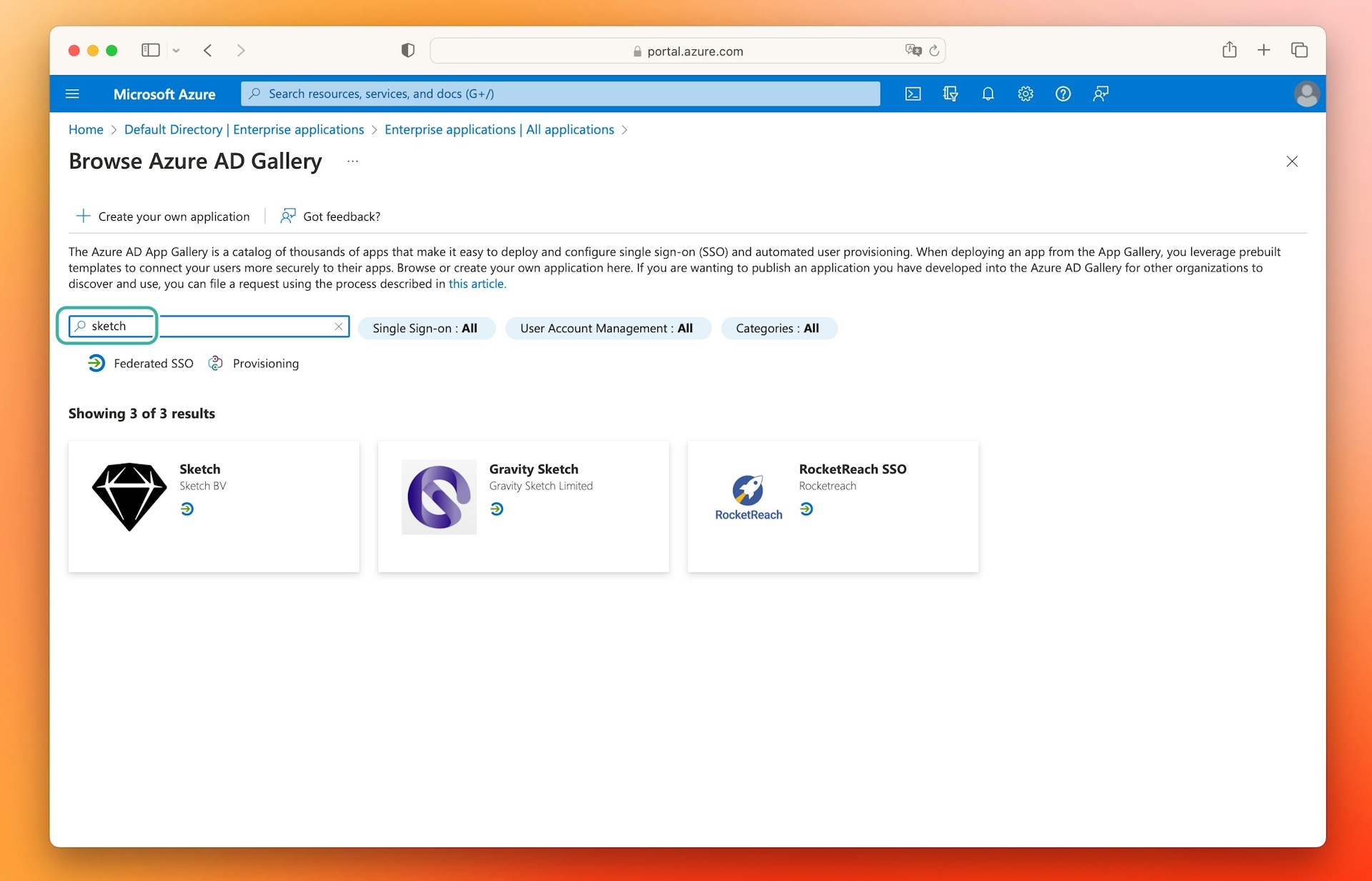 An image showing the search results for the Azure AD gallery