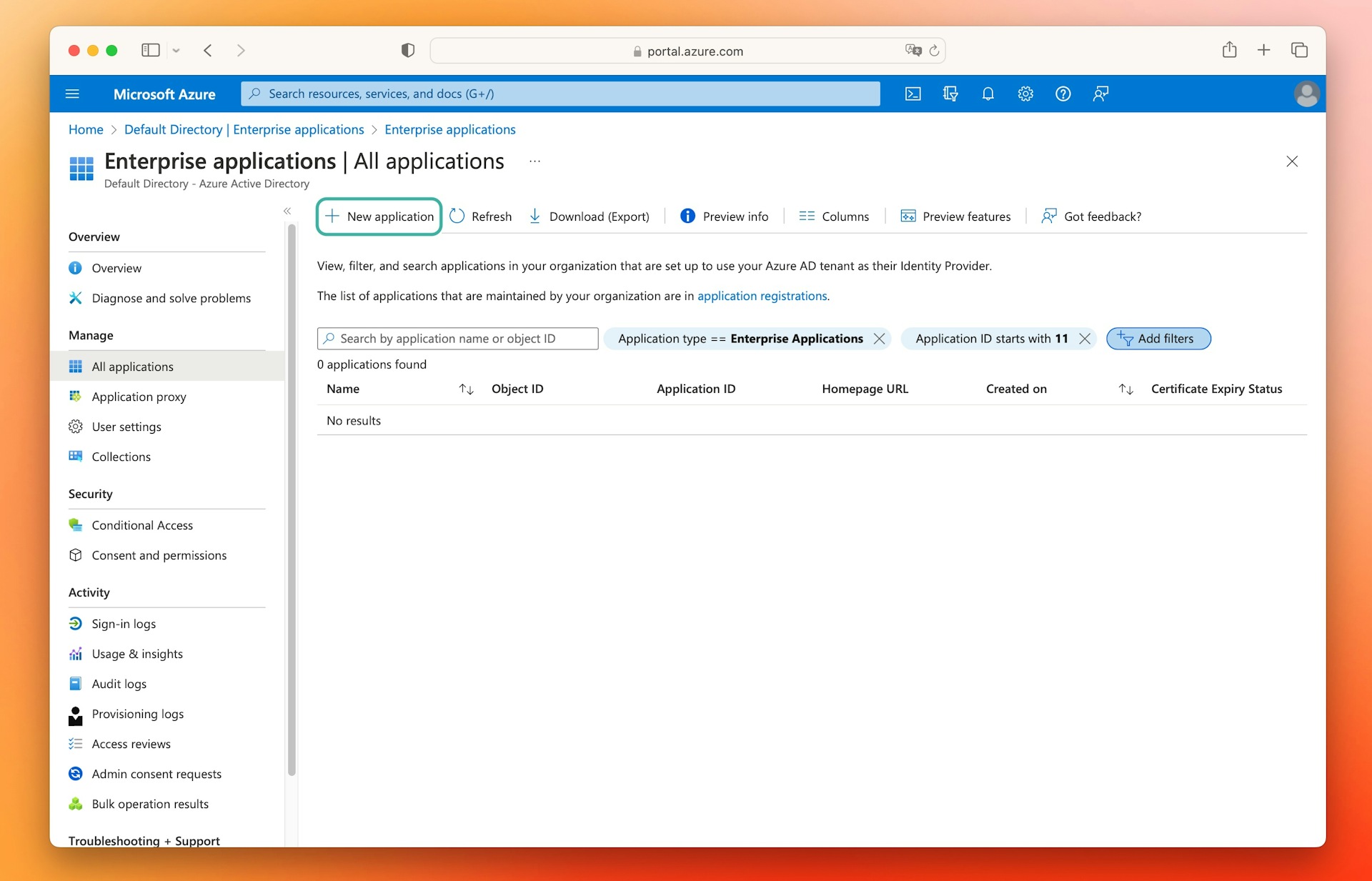 An image showing the new application button in Azure