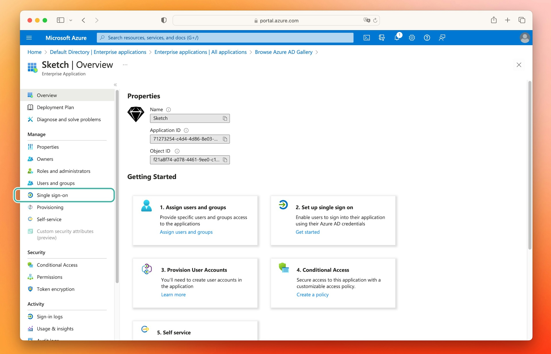 An image showing the single sign-on option in Azure