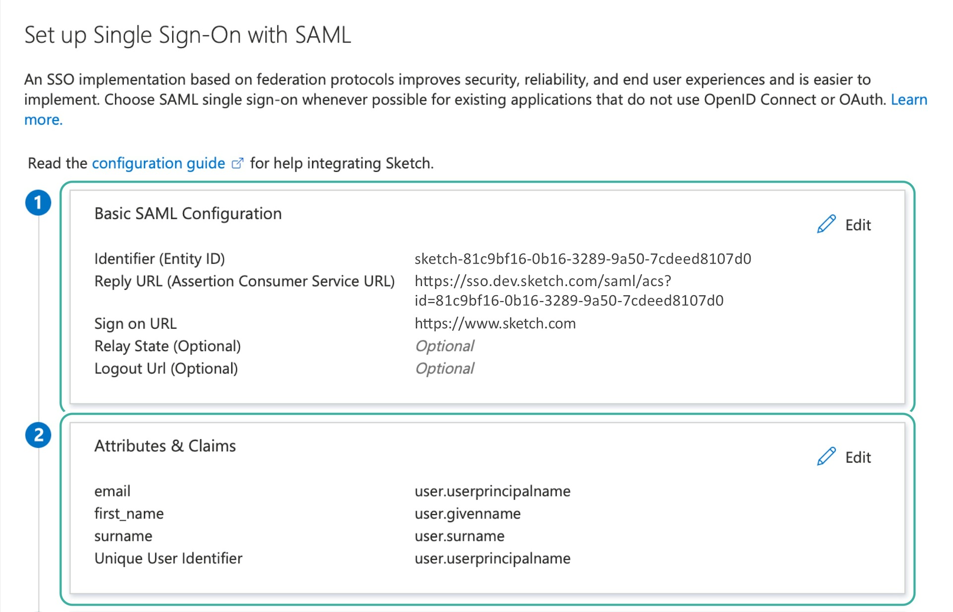 An image showing the Basic SAML configuration and the Attribute & Claims configuration section