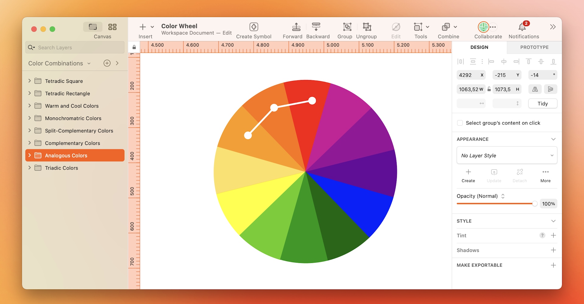 An image showing an analogous color combination on the color wheel.