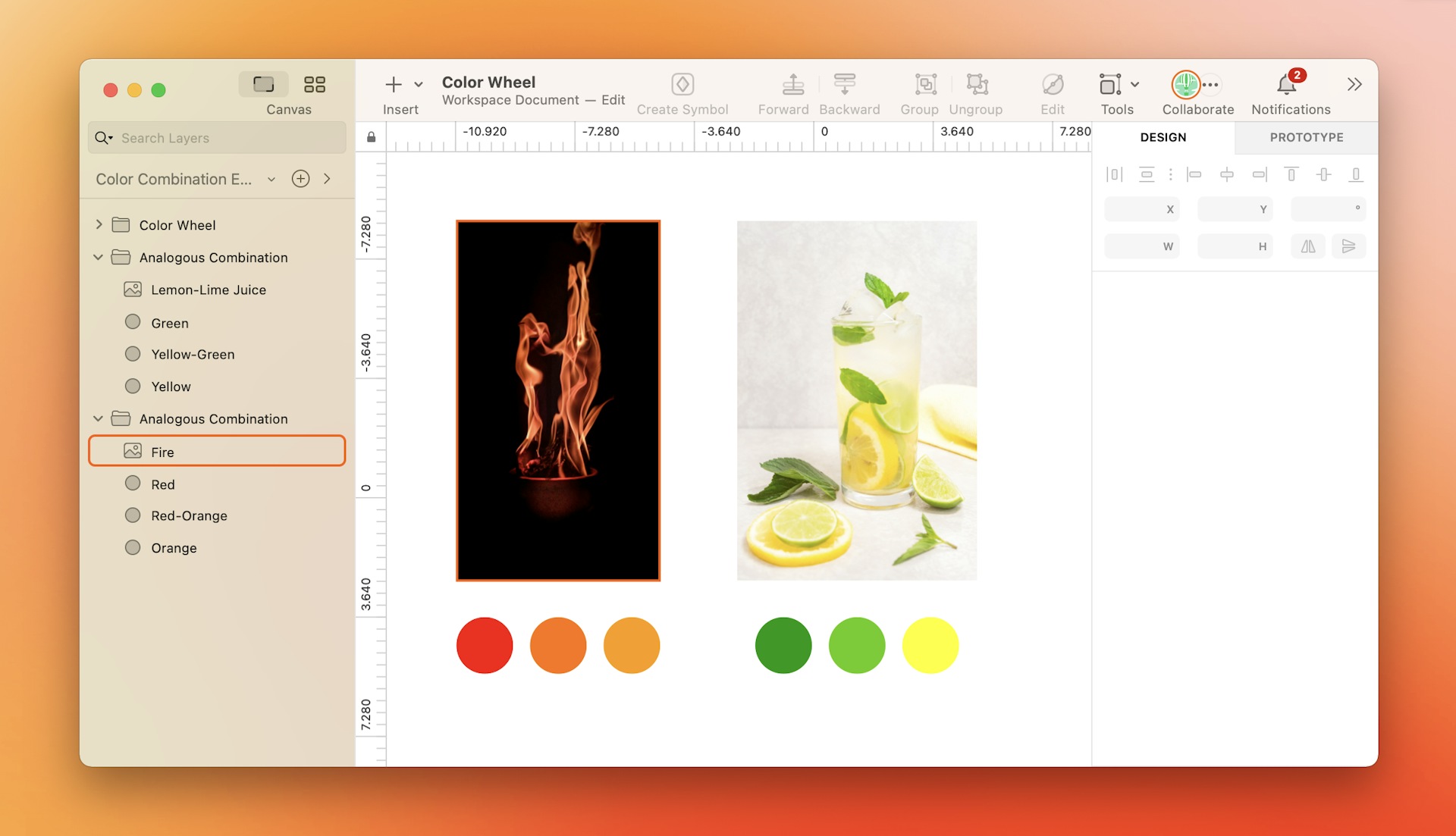 An image showing analogous color schemes in fire and in lemon-lime juice.