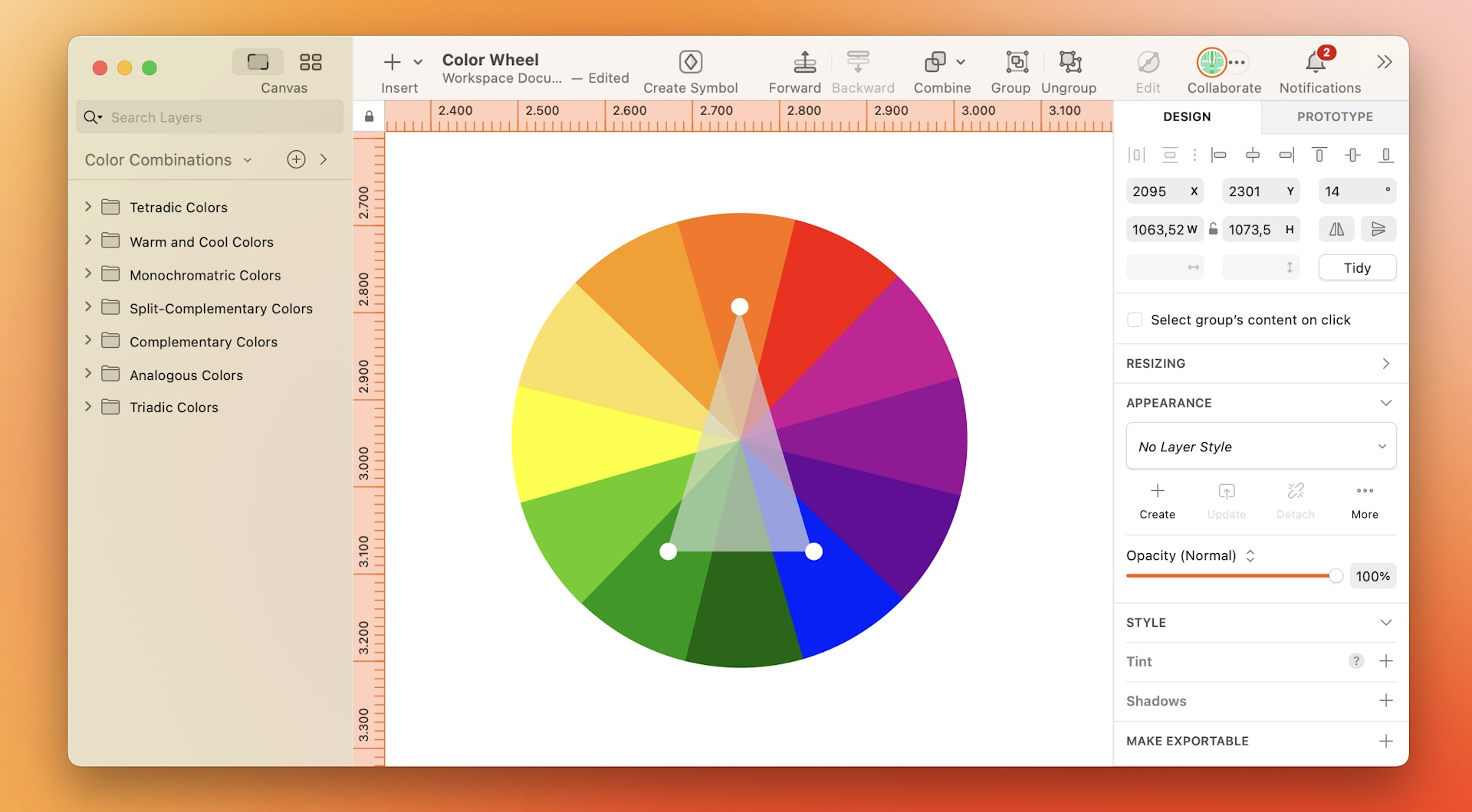 An image of split-complementary color scheme on the color wheel.