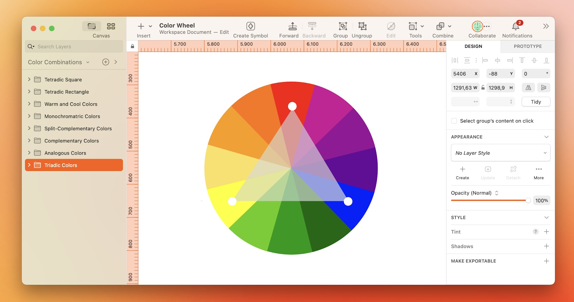 An image showing a triadic color combination on the color wheel.