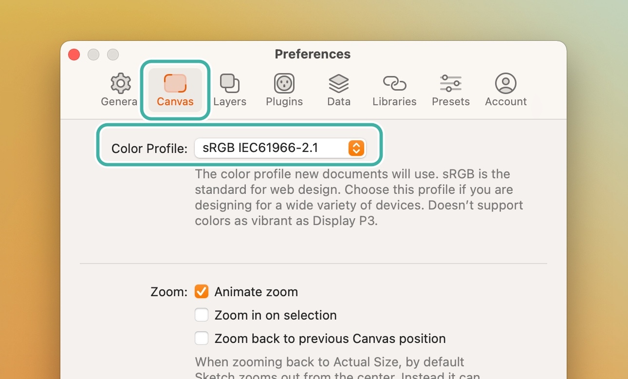 An image showing where to change the default color profile in the Settings panel