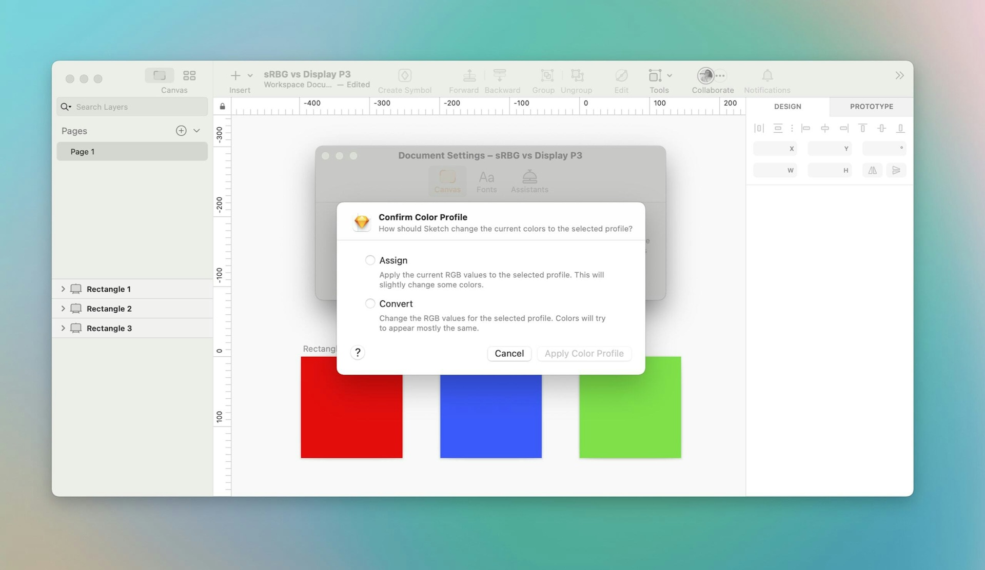 Image showing how to assign and convert color profiles in Sketch.