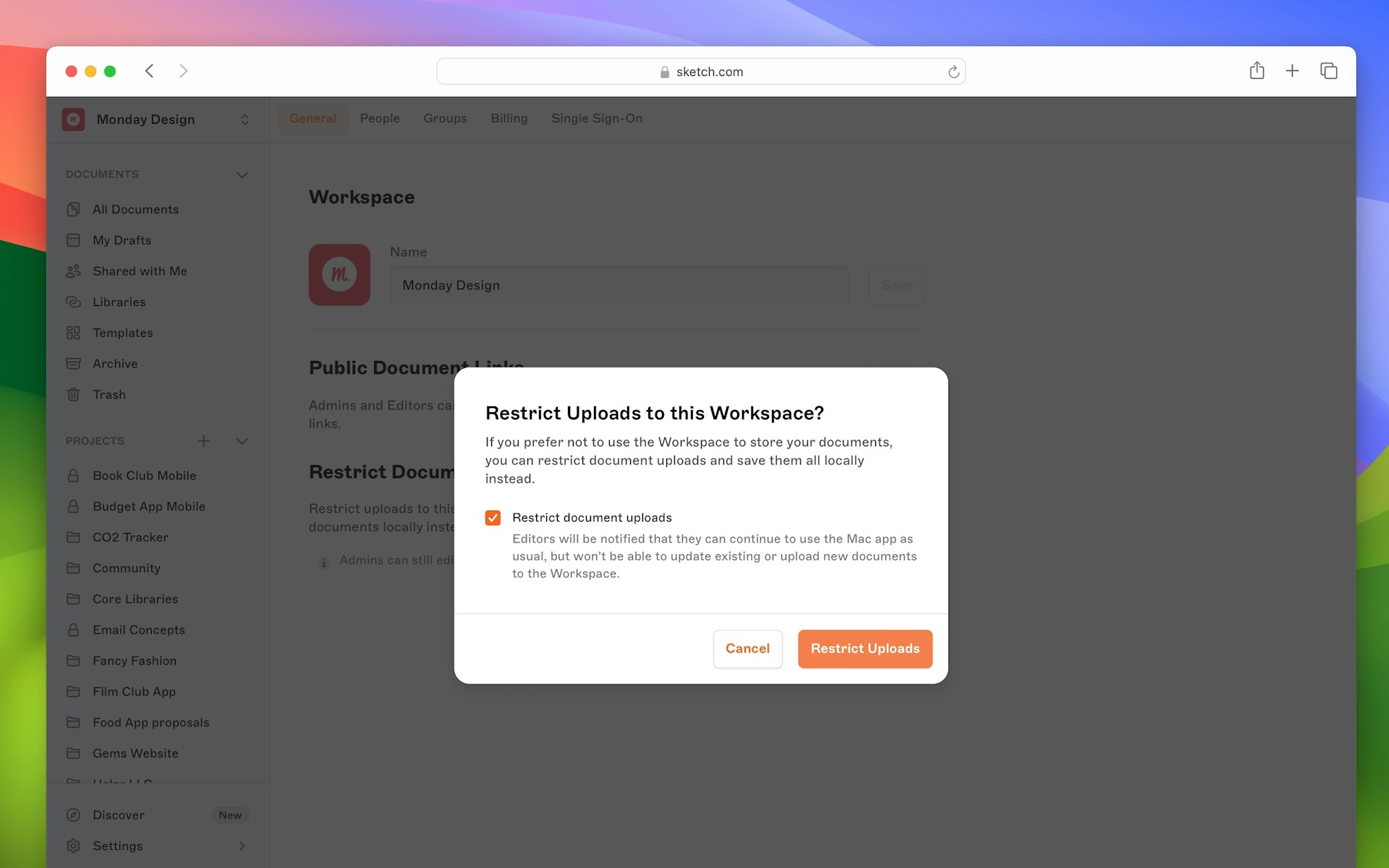 Screenshot of sketch web app showing how to confirm upload restriction