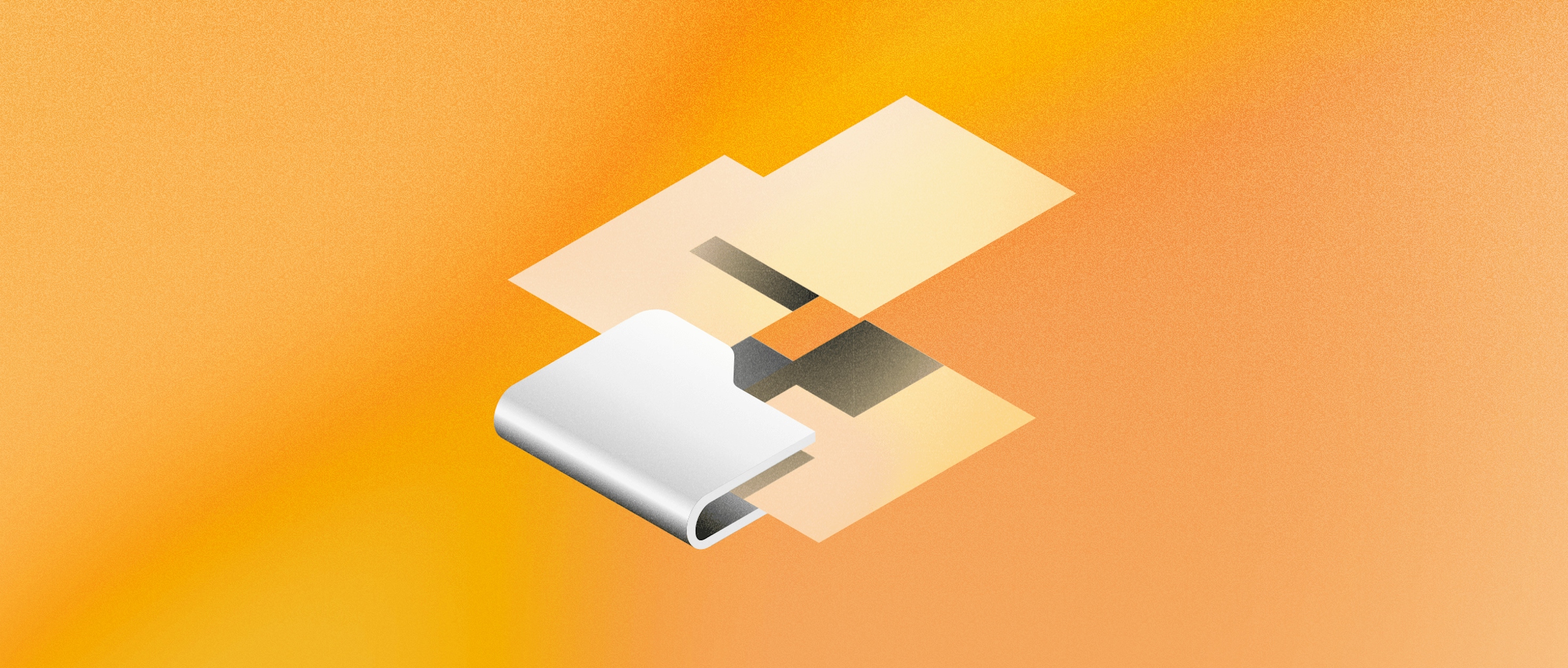 A 3D illustration of some computer files floating over a folder, on a yellow background