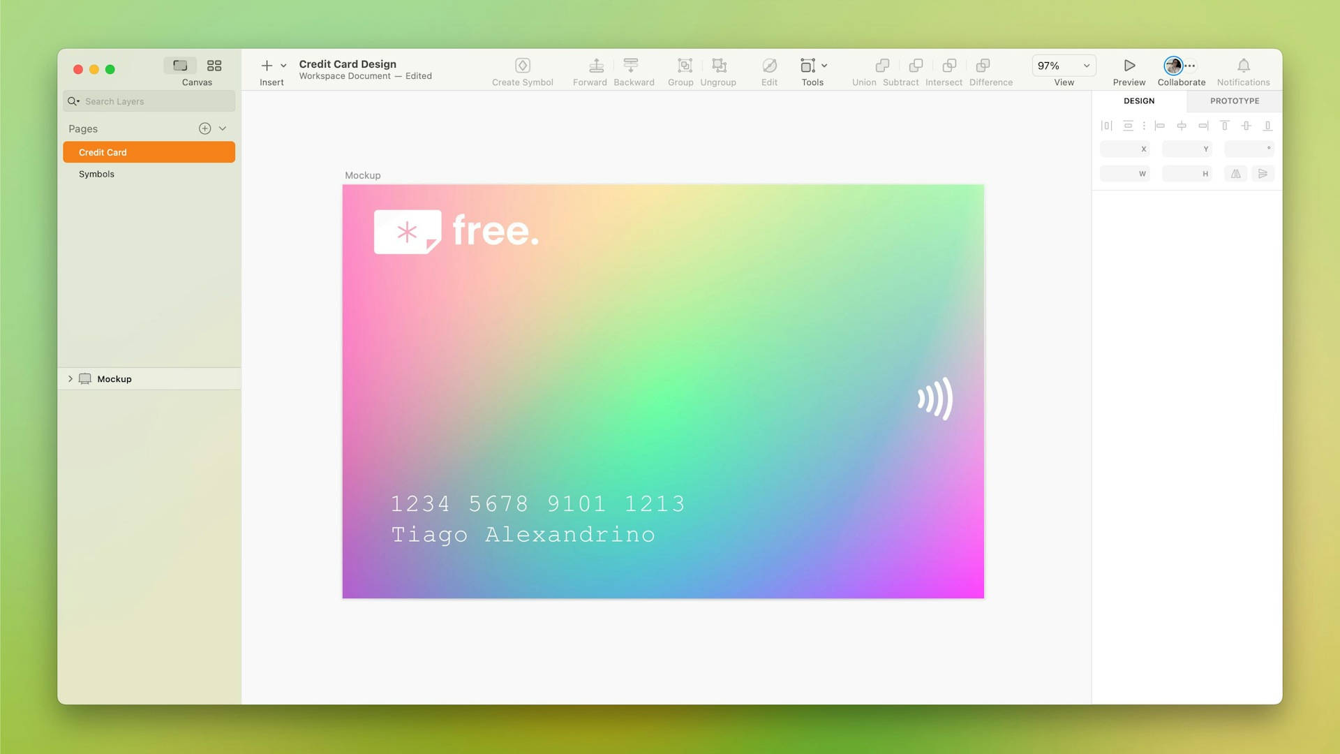 An image of a credit card mockup being designed in Sketch.