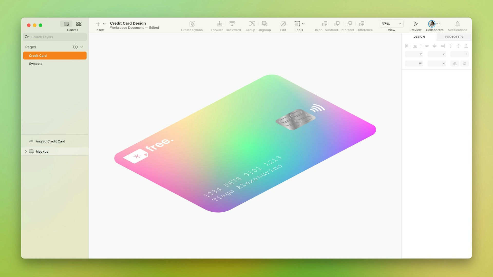 An image of a credit card mockup designed in Sketch.