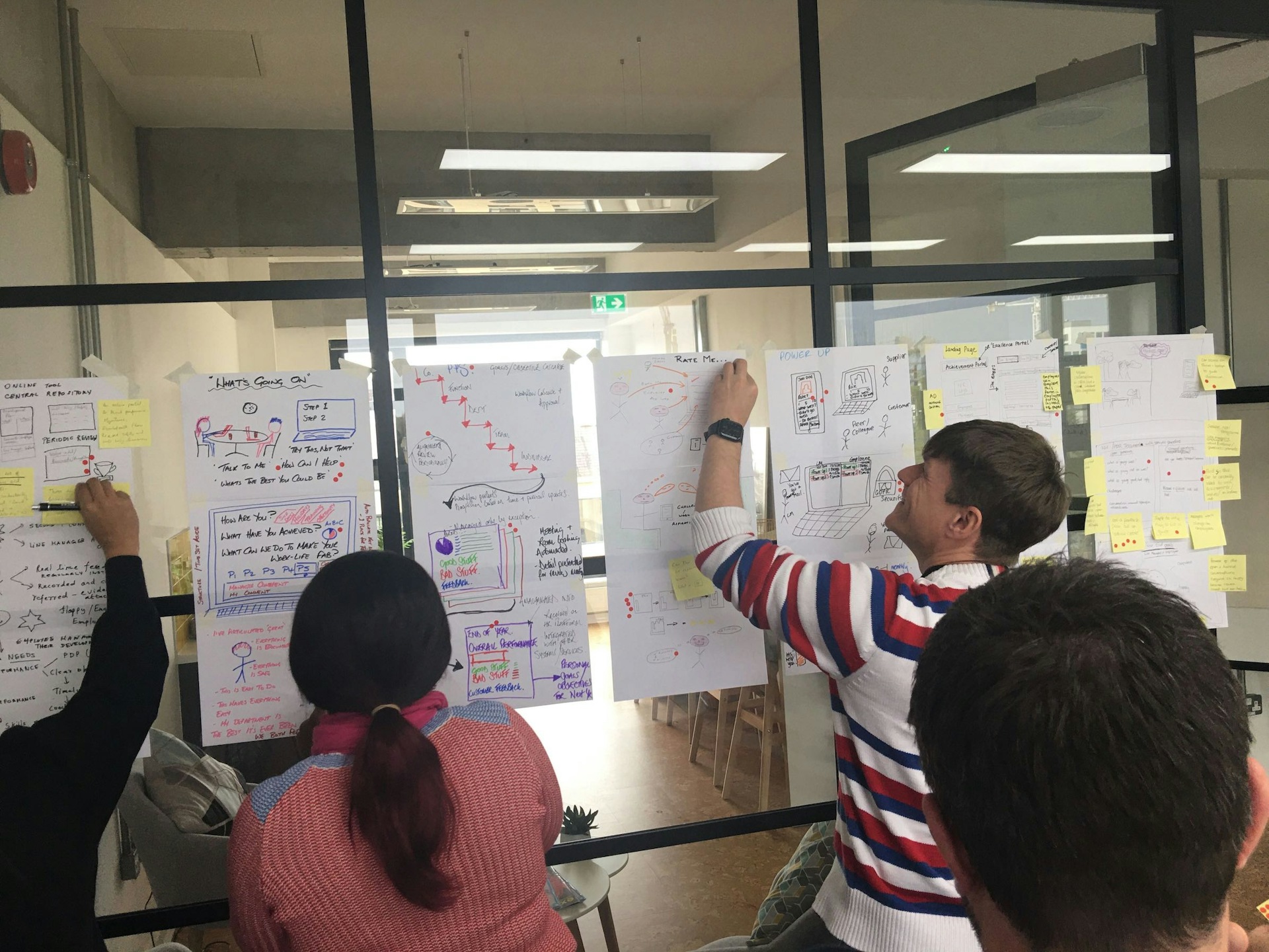 A photograph showing how the team use colored stickers to mark which ideas they like and which can be discounted during a design sprint.