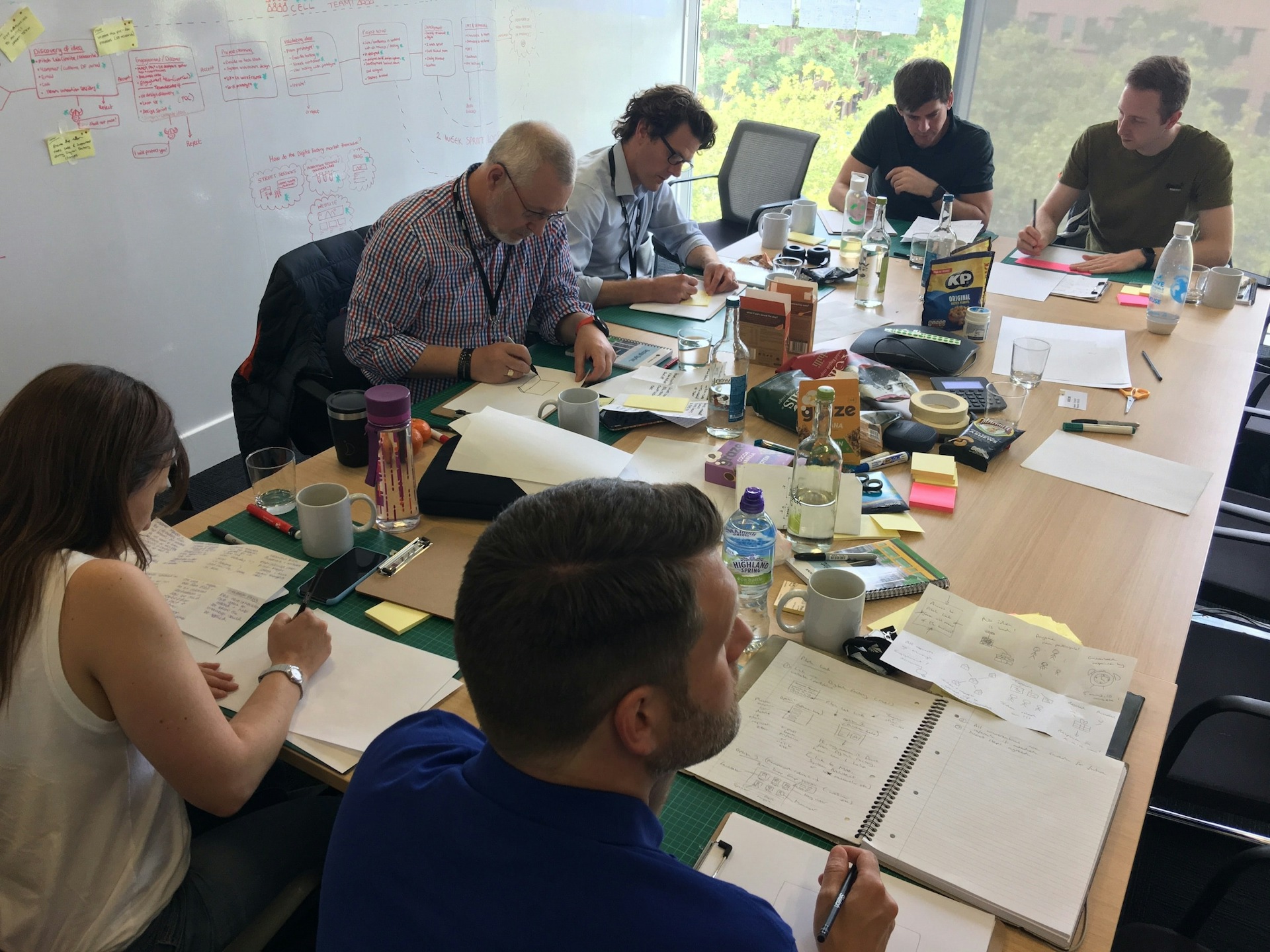 A photograph of the design sprint team working together to come up with ideas, while seated around a conference table.