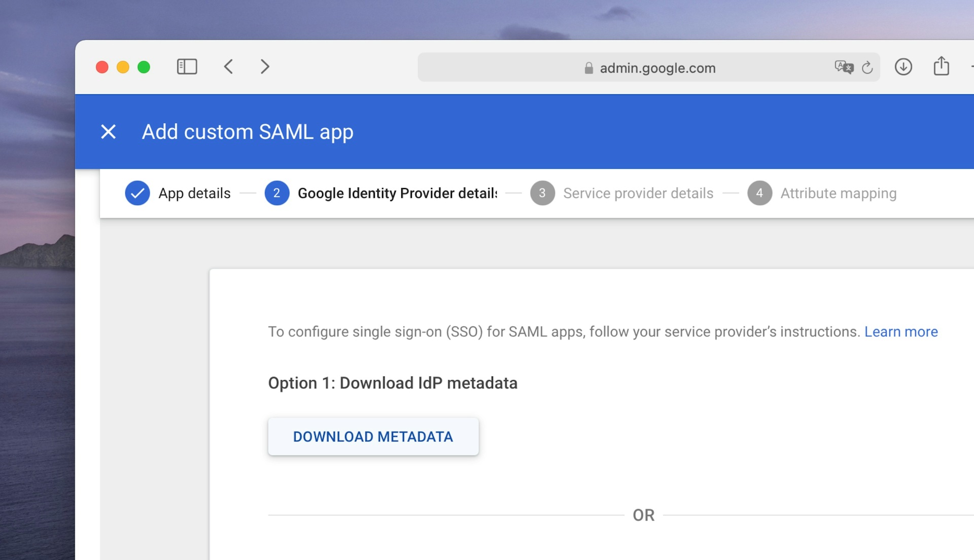 An image showing how to add a new SAML application in Google Suite