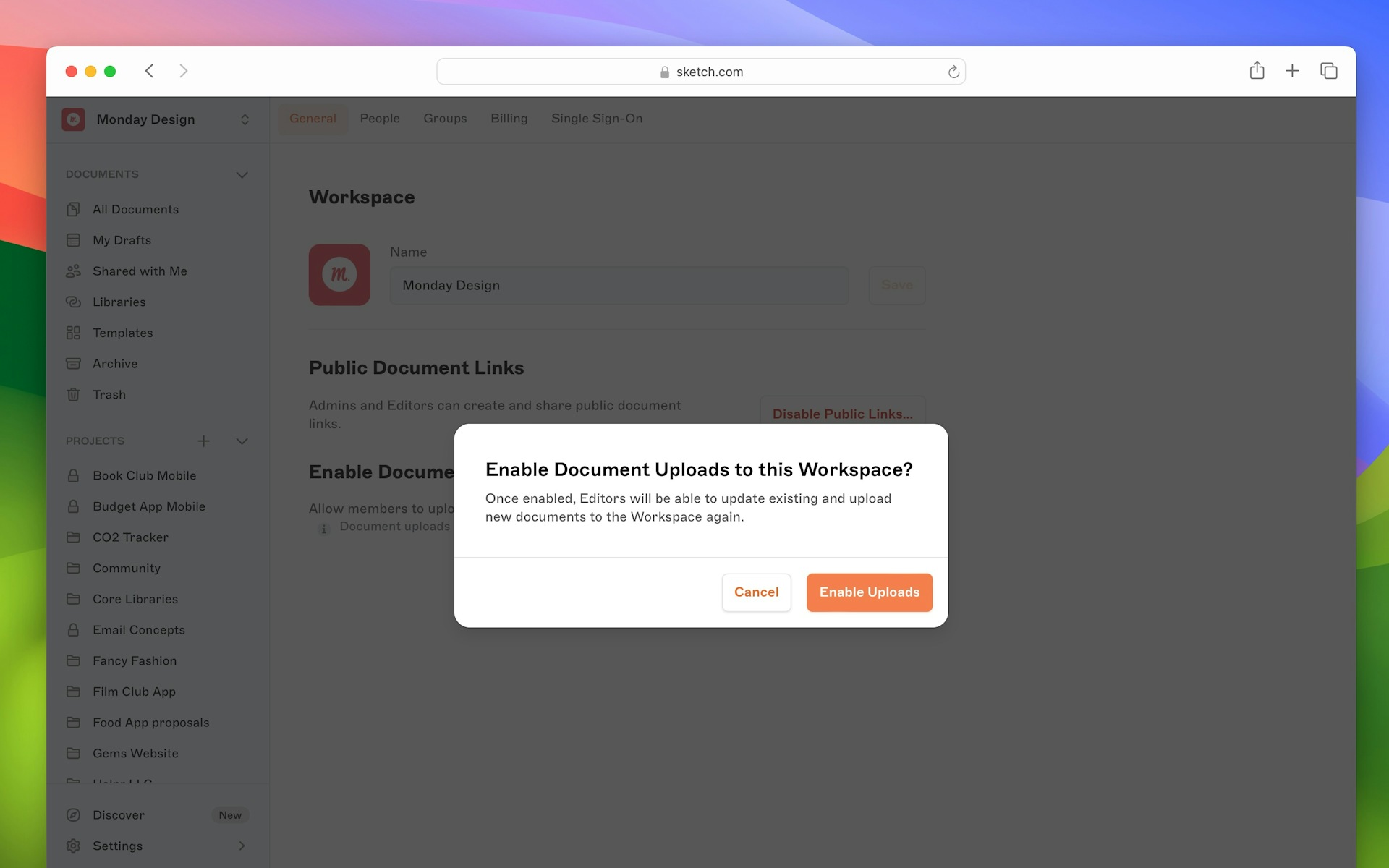 Screenshot of sketch web app showing how to restrict project uploads text