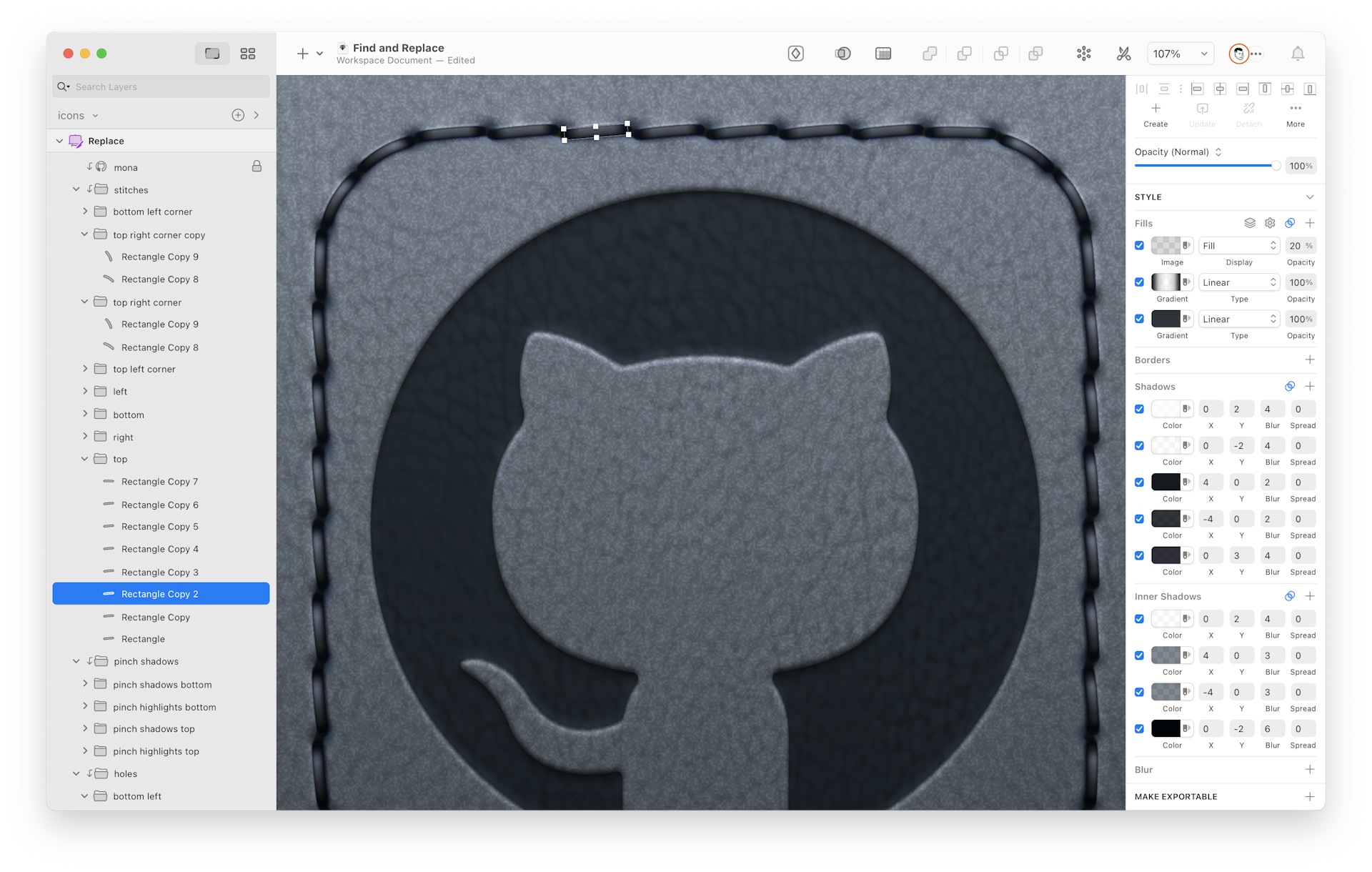 Gavin Nelson used 12 Layer Styles for each stitch in his leather-style GitHub Mobile icons