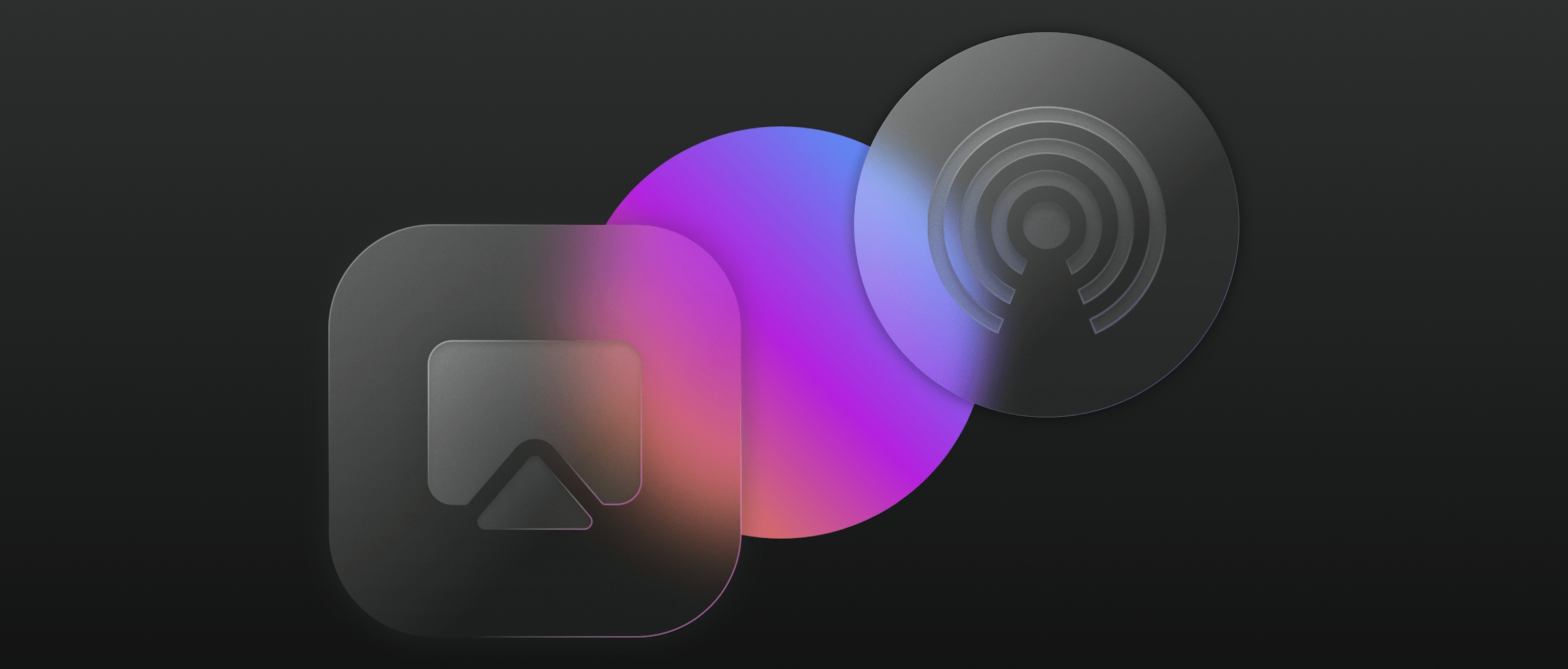 A graphic showing two glassmorphic icons overlapping a rainbow-colored oval