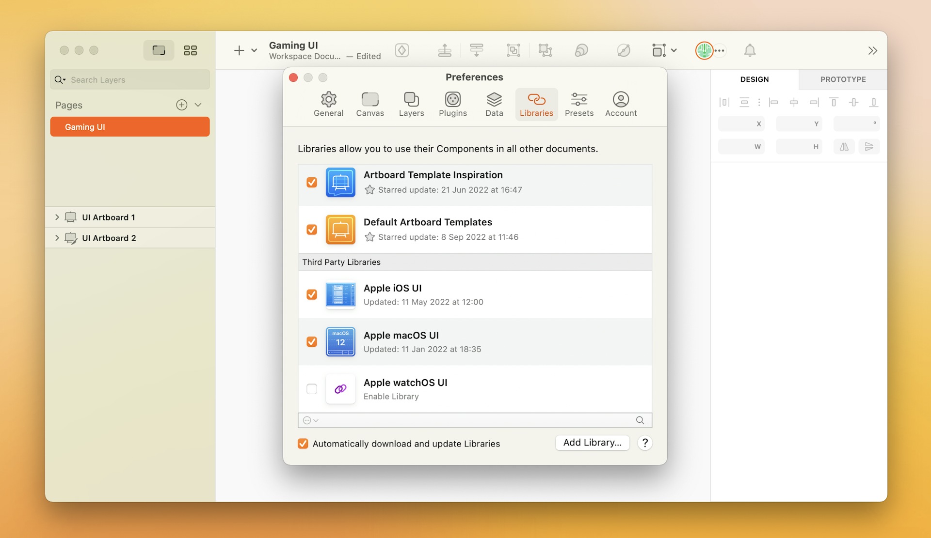 An image showing how to automatically download and update Libraries in Sketch’s Mac app.