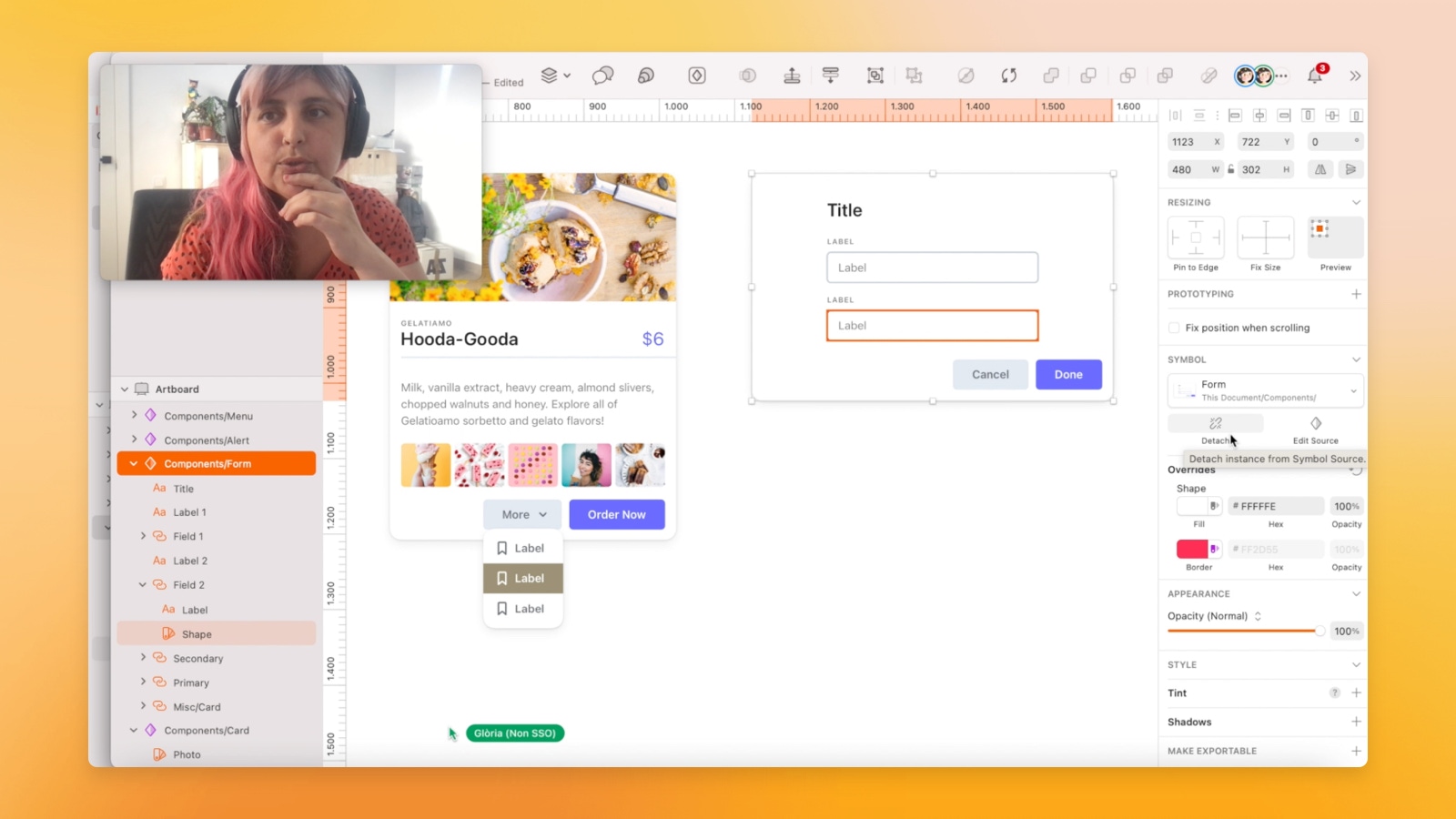 An image showing Gloria Langreo giving an internal demo on the Components web view feature in Sketch’s Mac app.