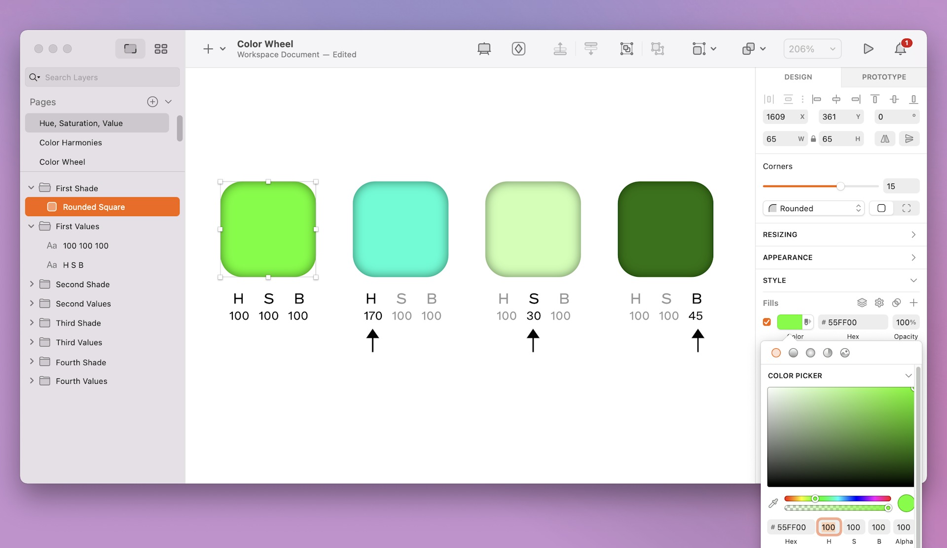 An image showing four different shades of the same color adjusted by hue, saturation and brightness.