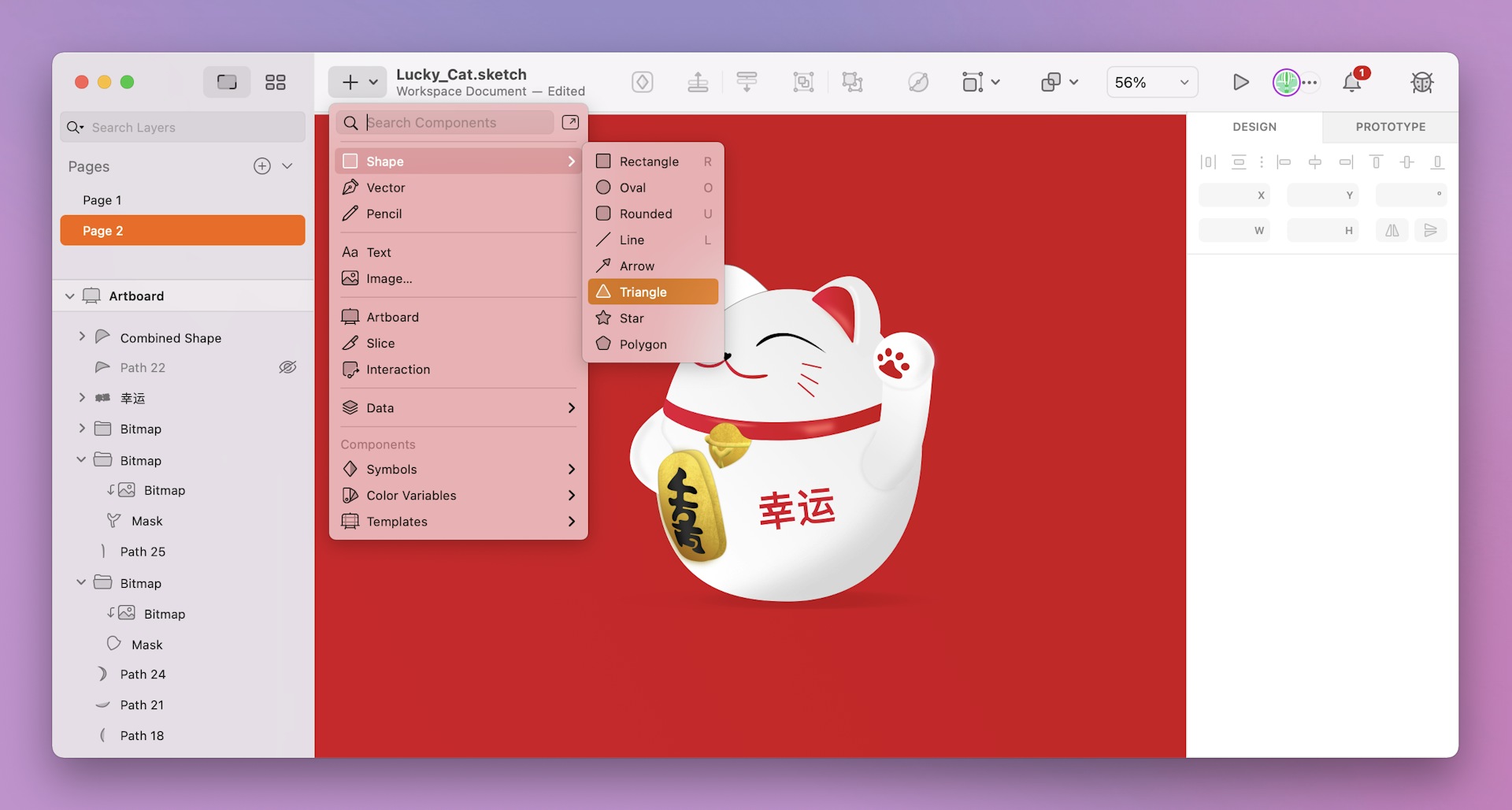 A screenshot showing how to add a pre-made shape in Sketch’s Mac app.