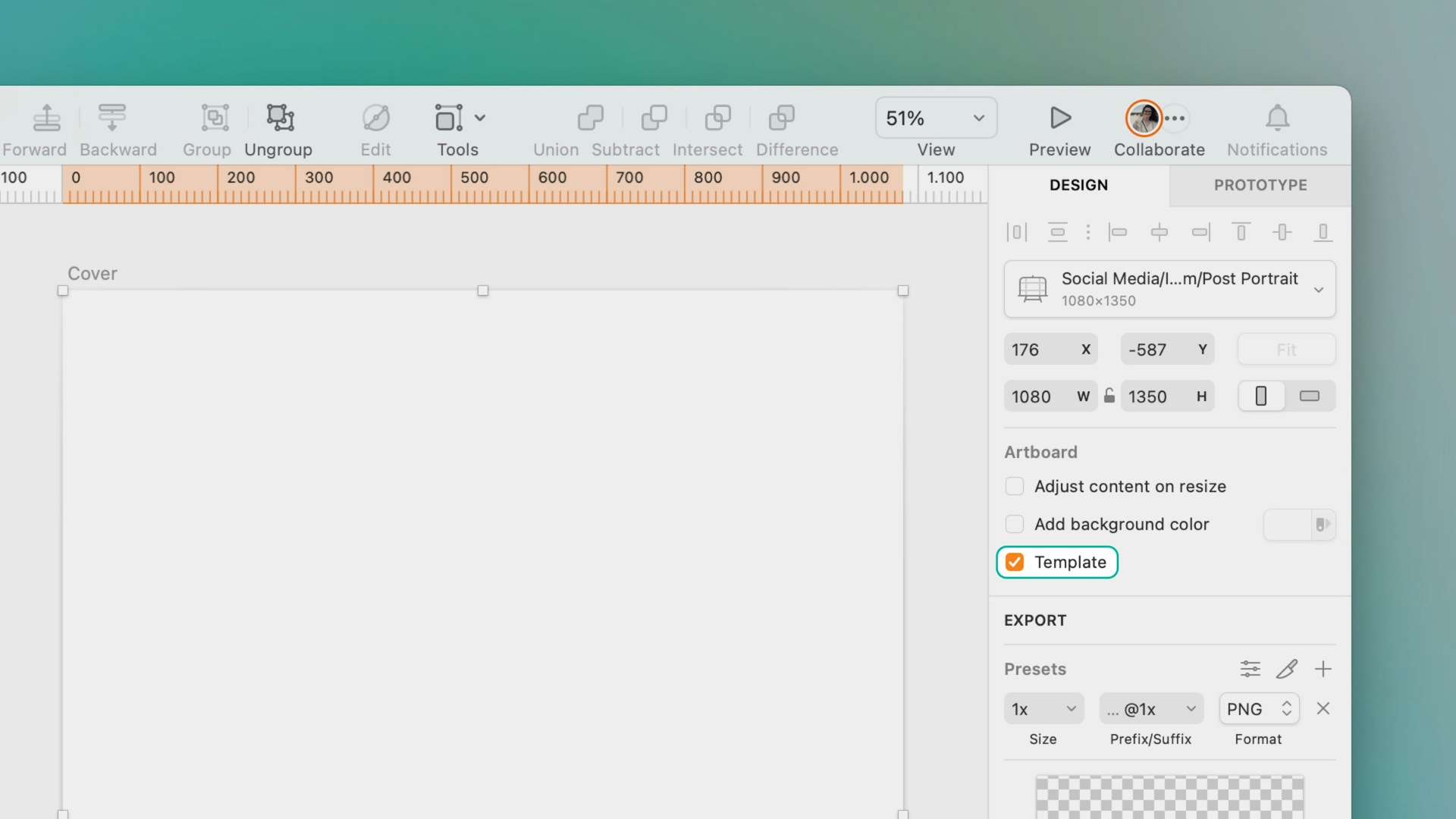 Screenshot of Sketch interface showing how to set Artboard as Template.