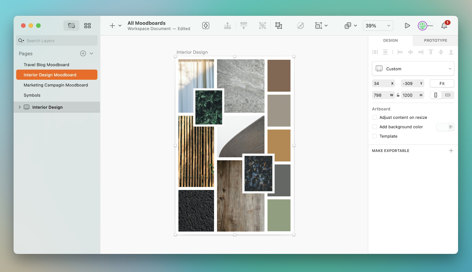 An image of a moodboard template in Sketch’s Mac app for an interior design project.