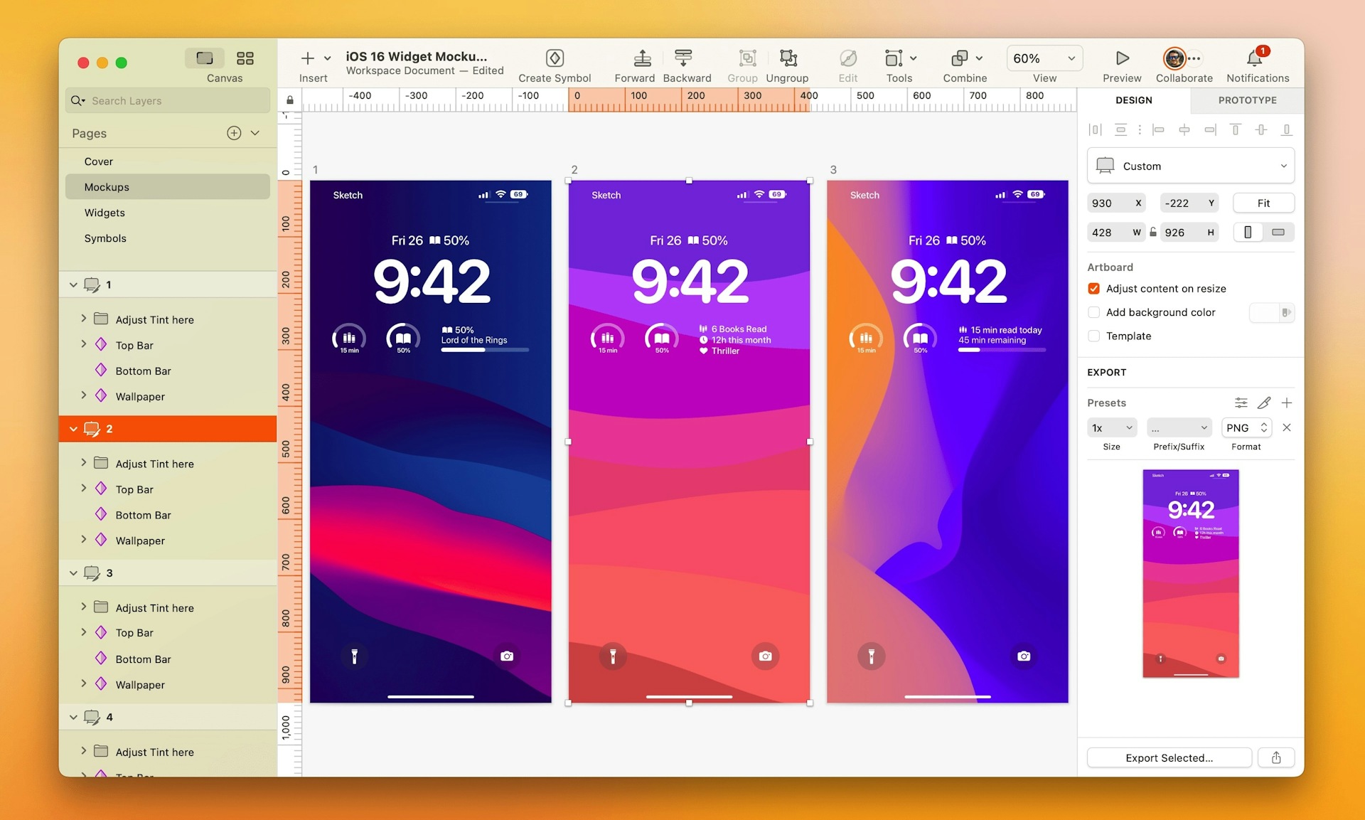 A screenshot showing three mockups of iPhone Lock Screens running iOS 16. Each has a different wallpaper, and they all show widgets around the clock.