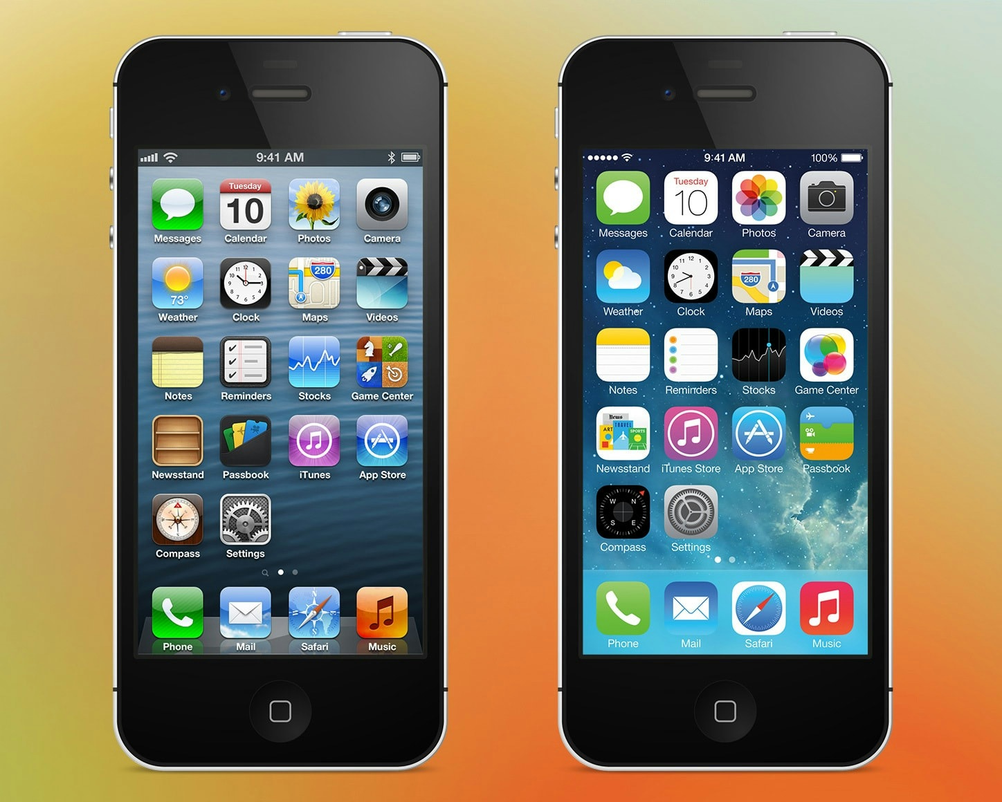 Image of two iPhone mockups, one running iOS 6 and the other running iOS 7