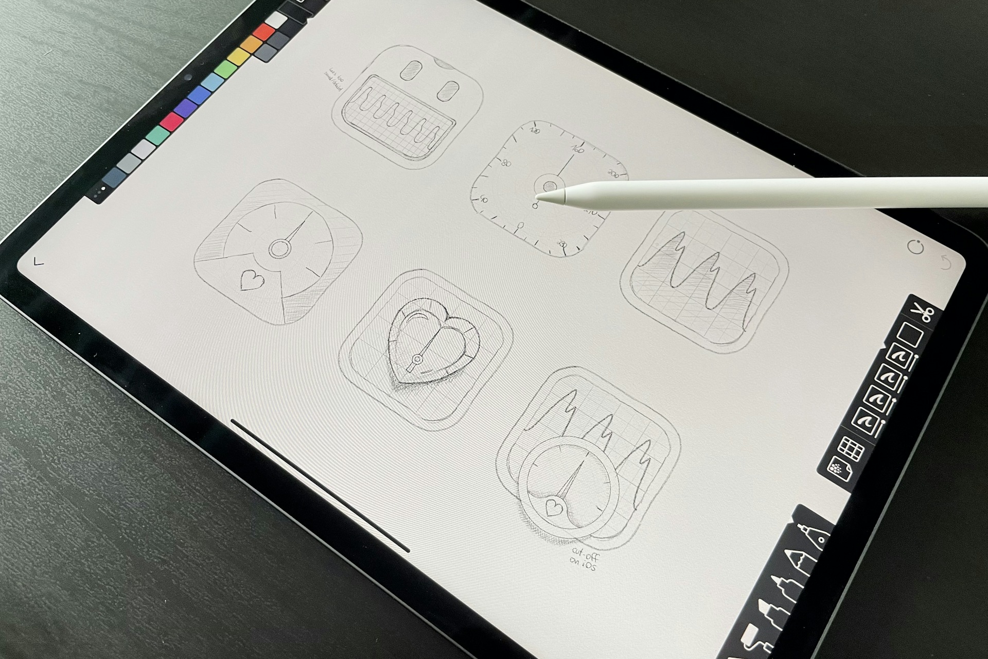 An iPad with sketches for icons drawn on Linea, also featuring an Apple Pen